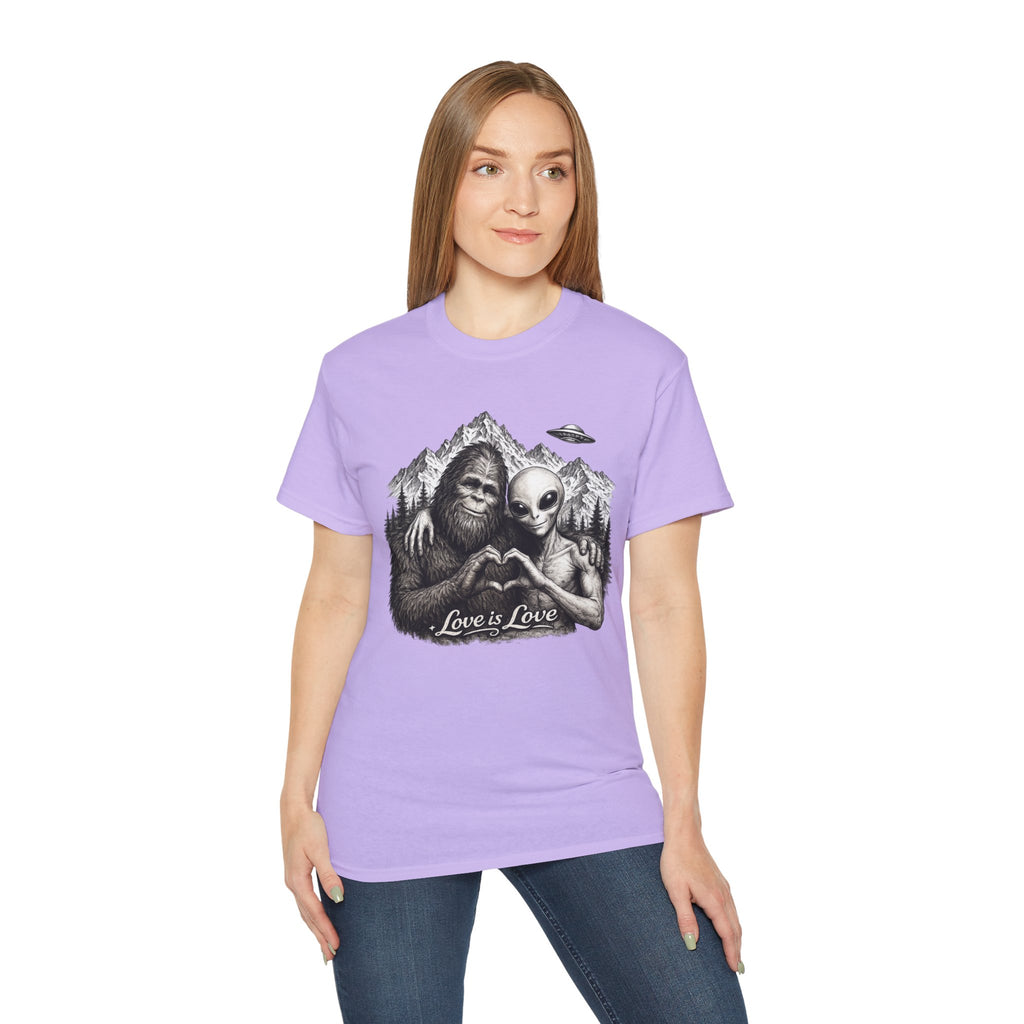 Love Is Love Tee — Bigfoot & Alien Heart Graphic T-Shirt