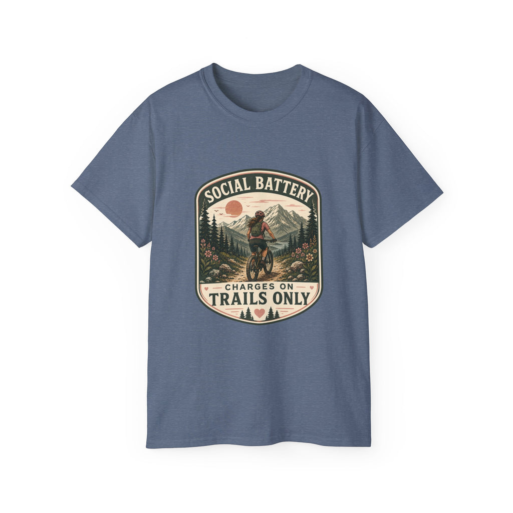 Woman’s Mountain biking T-Shirt — “Social Battery Charges On Trails Only” Outdoor Adventure Tee