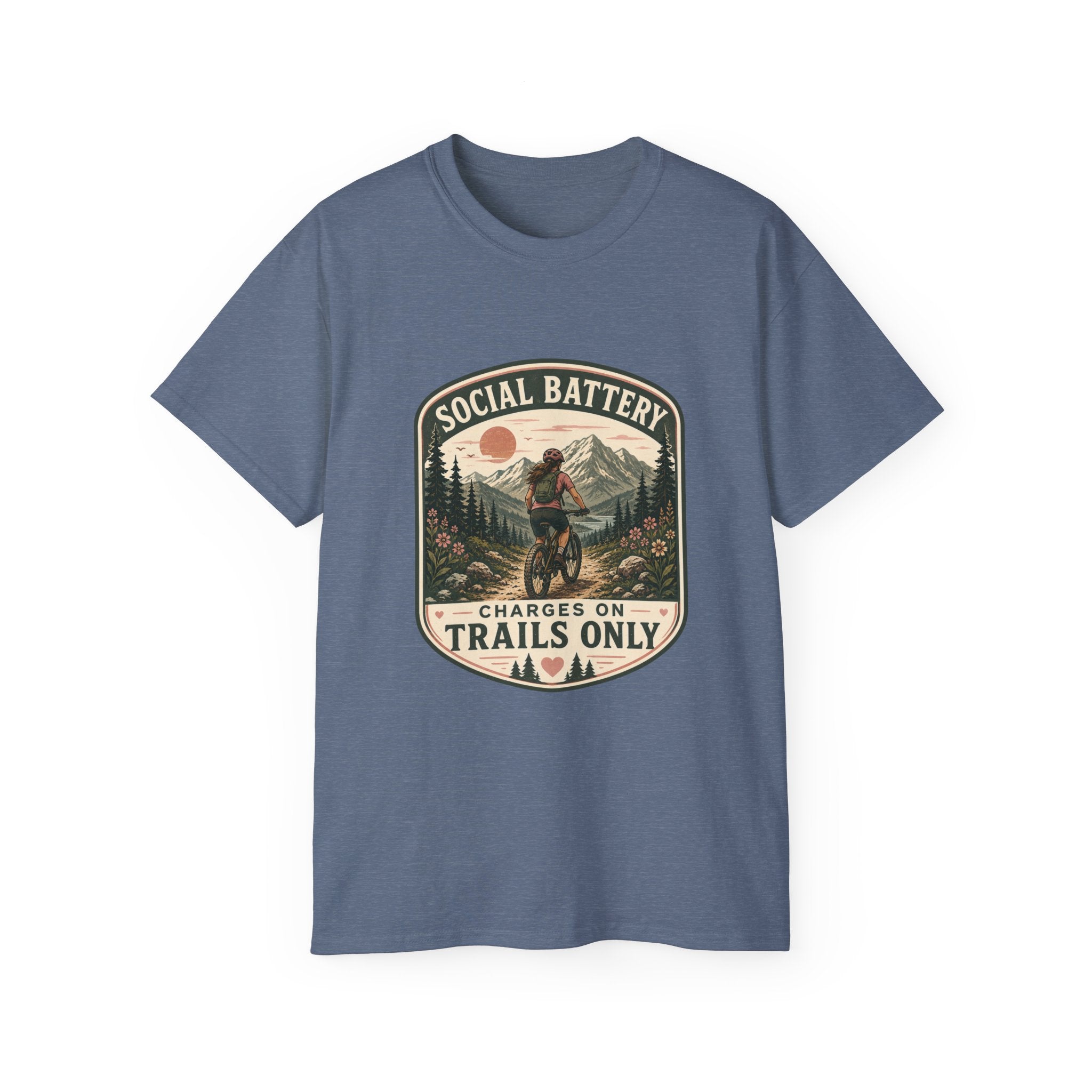 Woman’s Mountain biking T-Shirt — “Social Battery Charges On Trails Only” Outdoor Adventure Tee