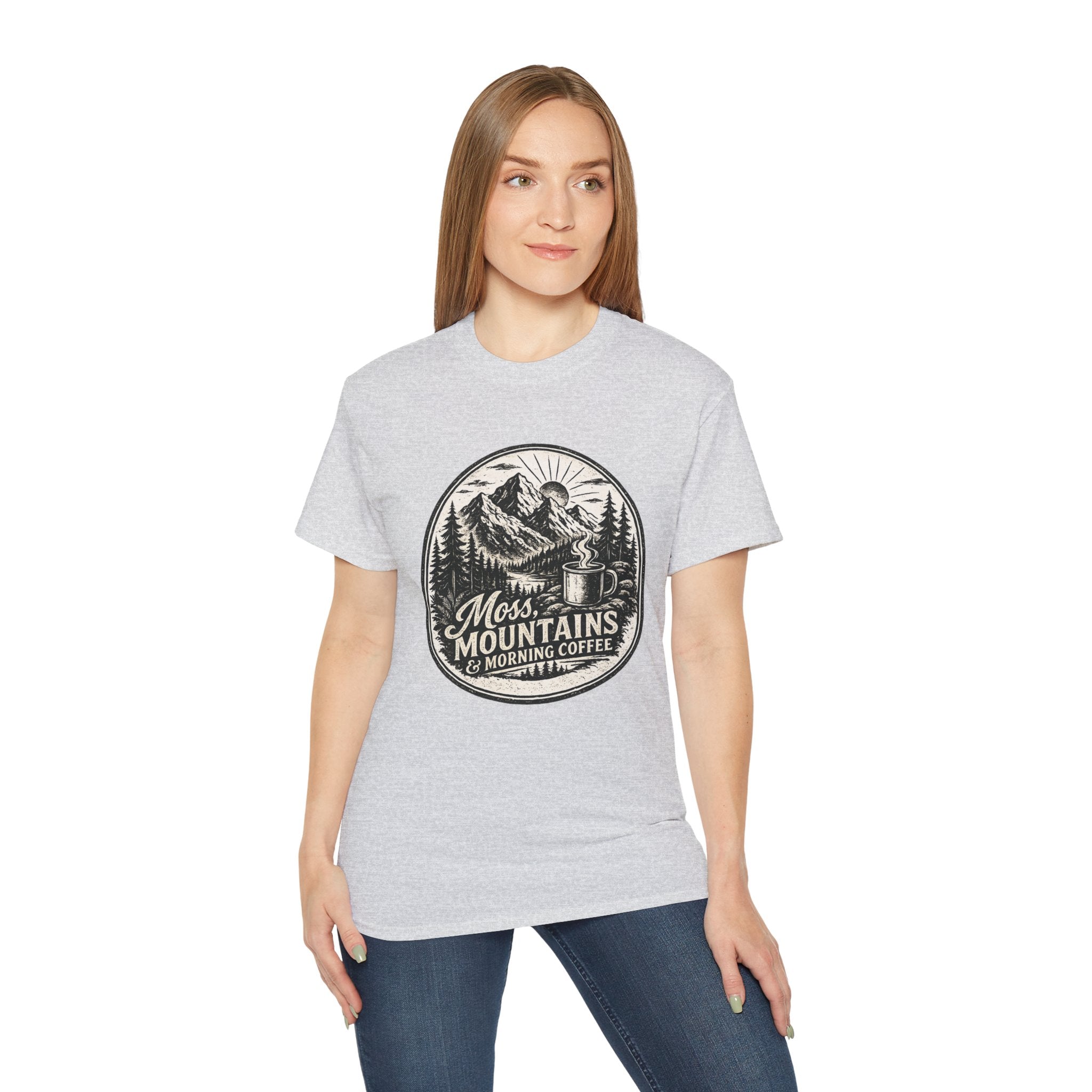 Moss, Mountains & Morning Coffee T-Shirt — Vintage Camping Coffee Tee