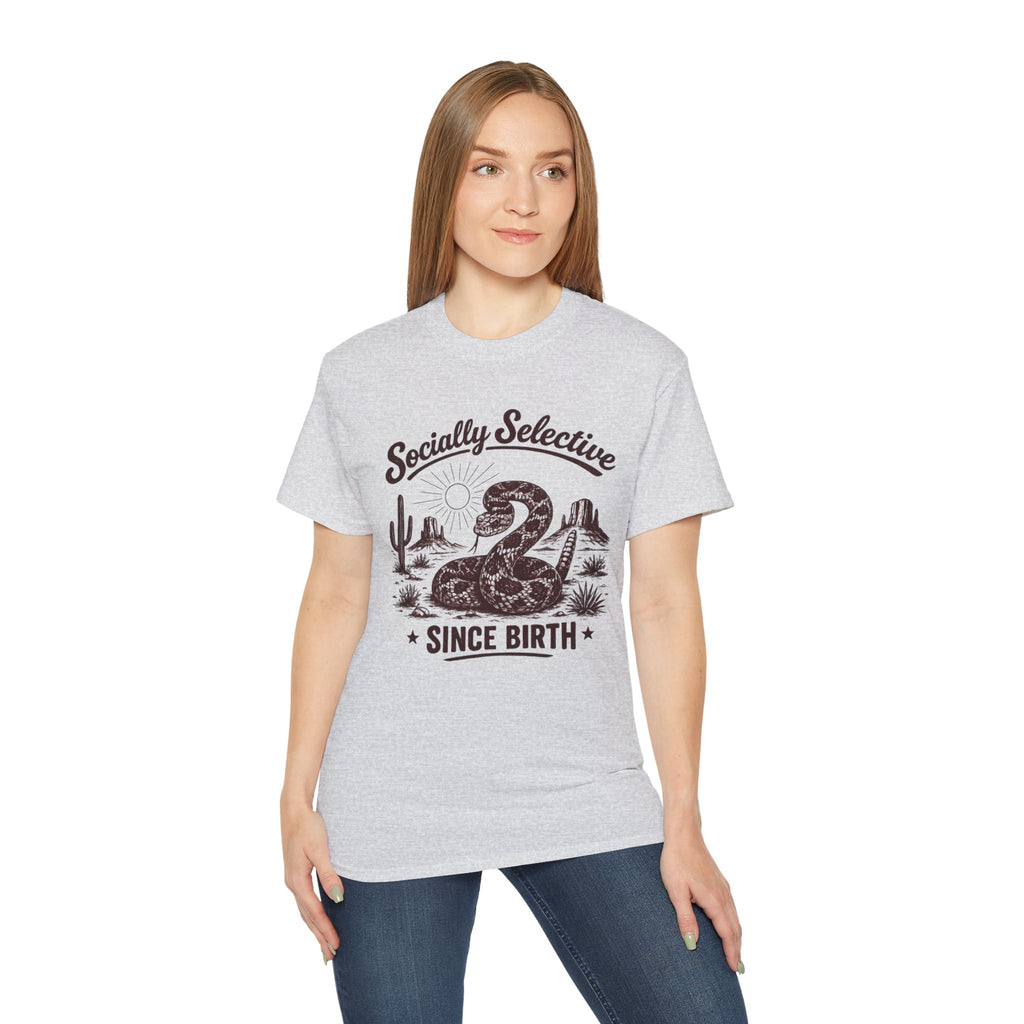 T-Shirt — "Socially Selective Since Birth" Vintage Desert Snake Graphic Tee