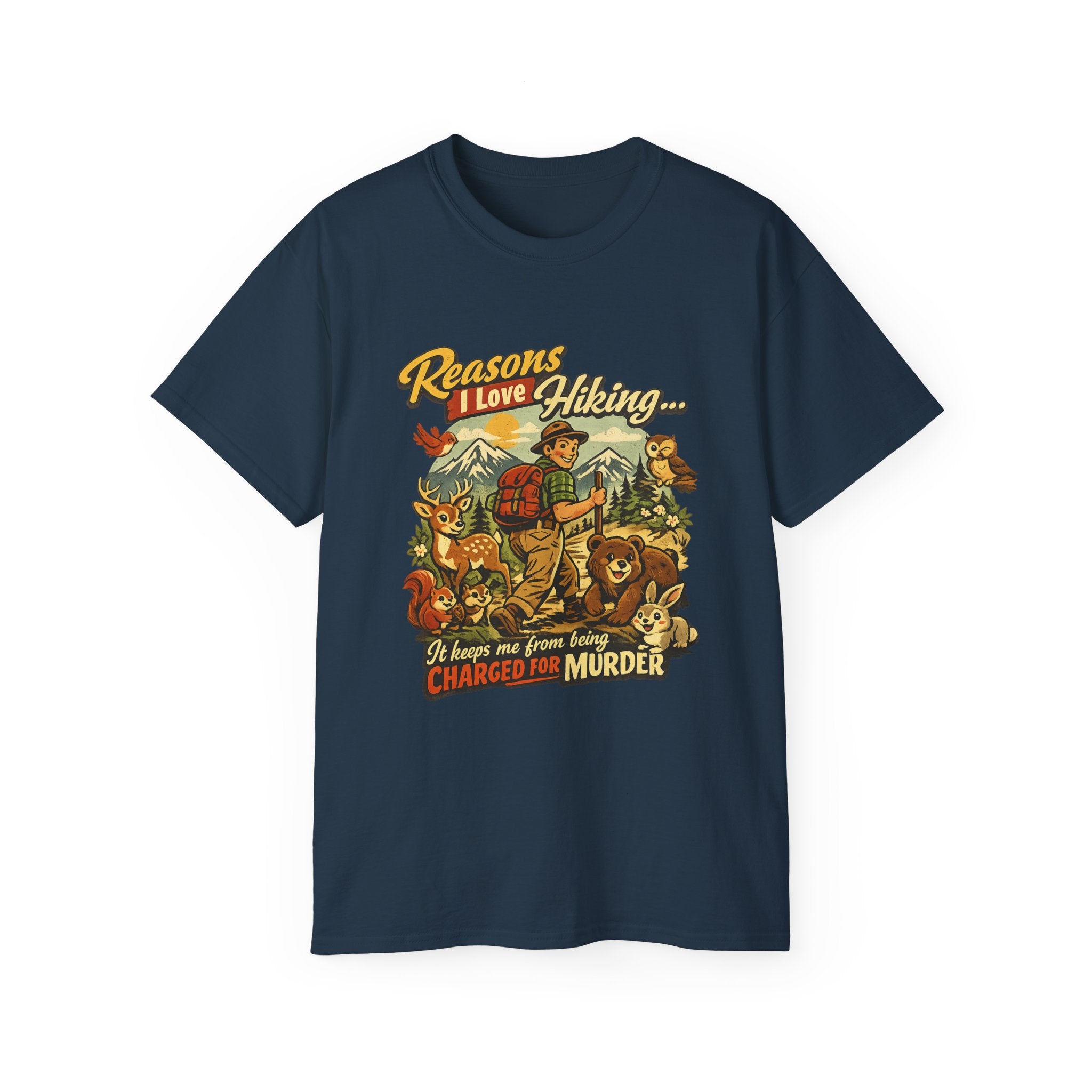 Hiking T-Shirt — Men’s "Reasons I Love Hiking... It Keeps Me From Being Charged For Murder" Vintage Outdoor Tee