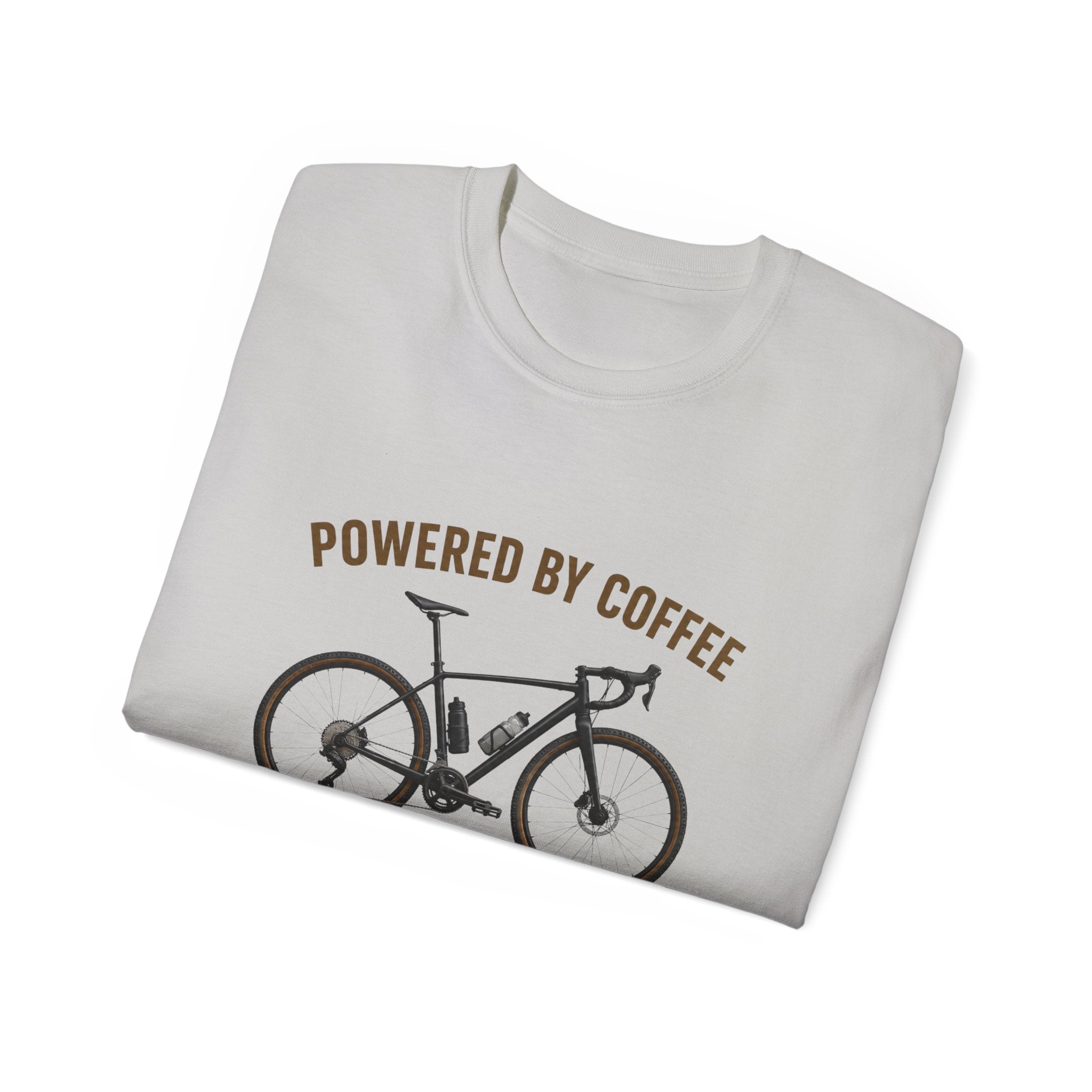 Unisex Coffee-Powered gravel Bike T-Shirt — "Powered by Coffee and Questionable Route Choices"