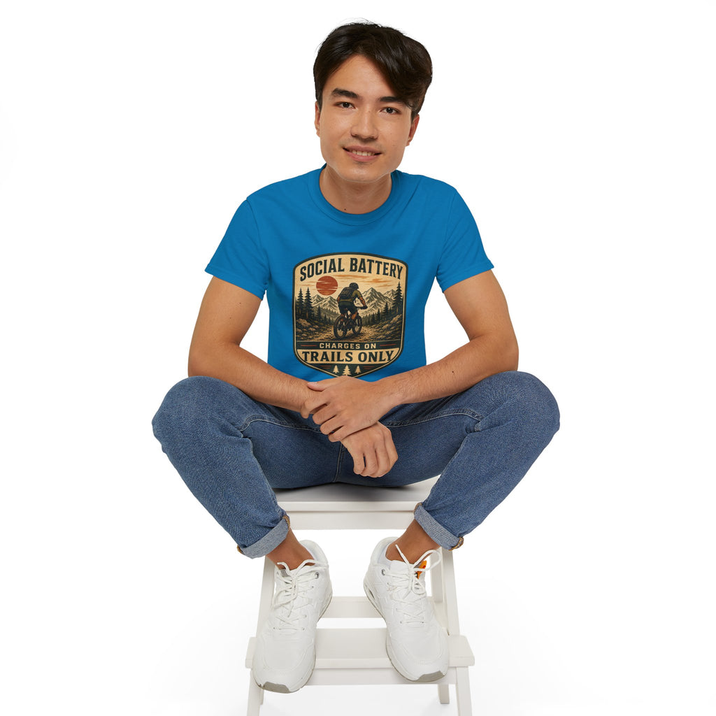 Mountain Biking Tee — "Social Battery Charges on Trails Only" Graphic T‑Shirt