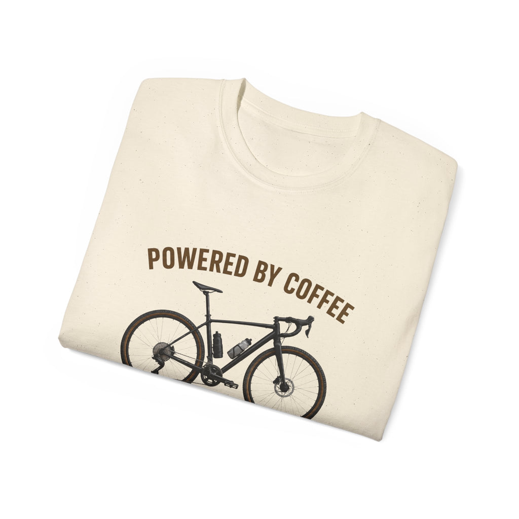 Unisex Coffee-Powered gravel Bike T-Shirt — "Powered by Coffee and Questionable Route Choices"
