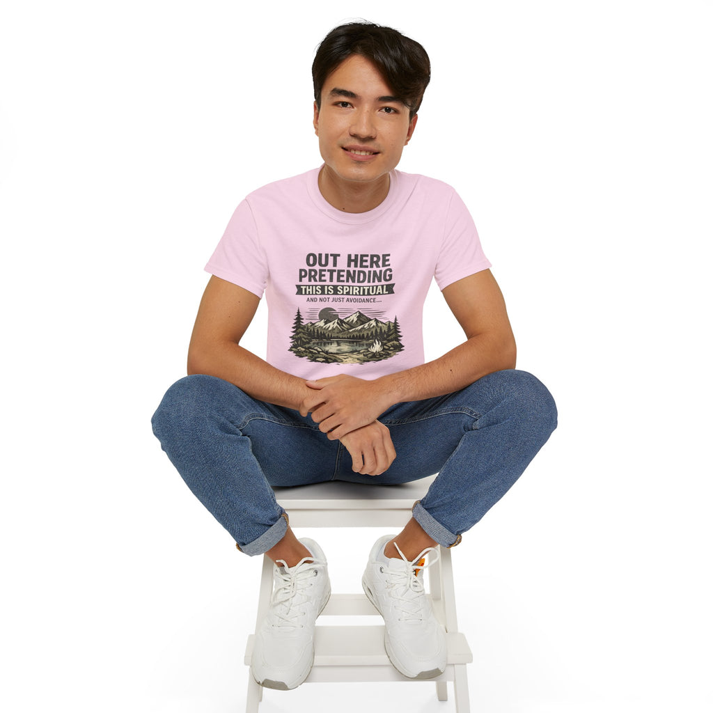 “Out Here Pretending This Is Spiritual” Mountain Camping Shirt