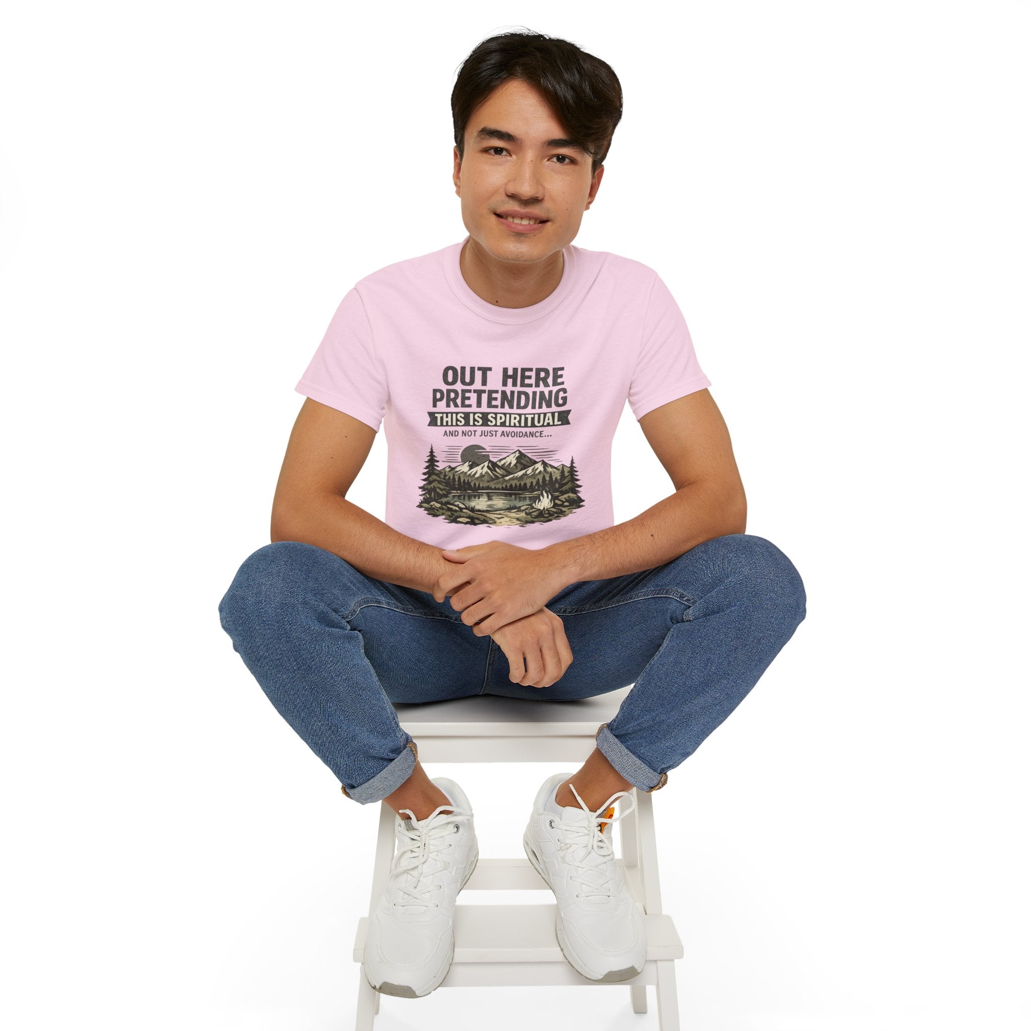 “Out Here Pretending This Is Spiritual” Mountain Camping Shirt
