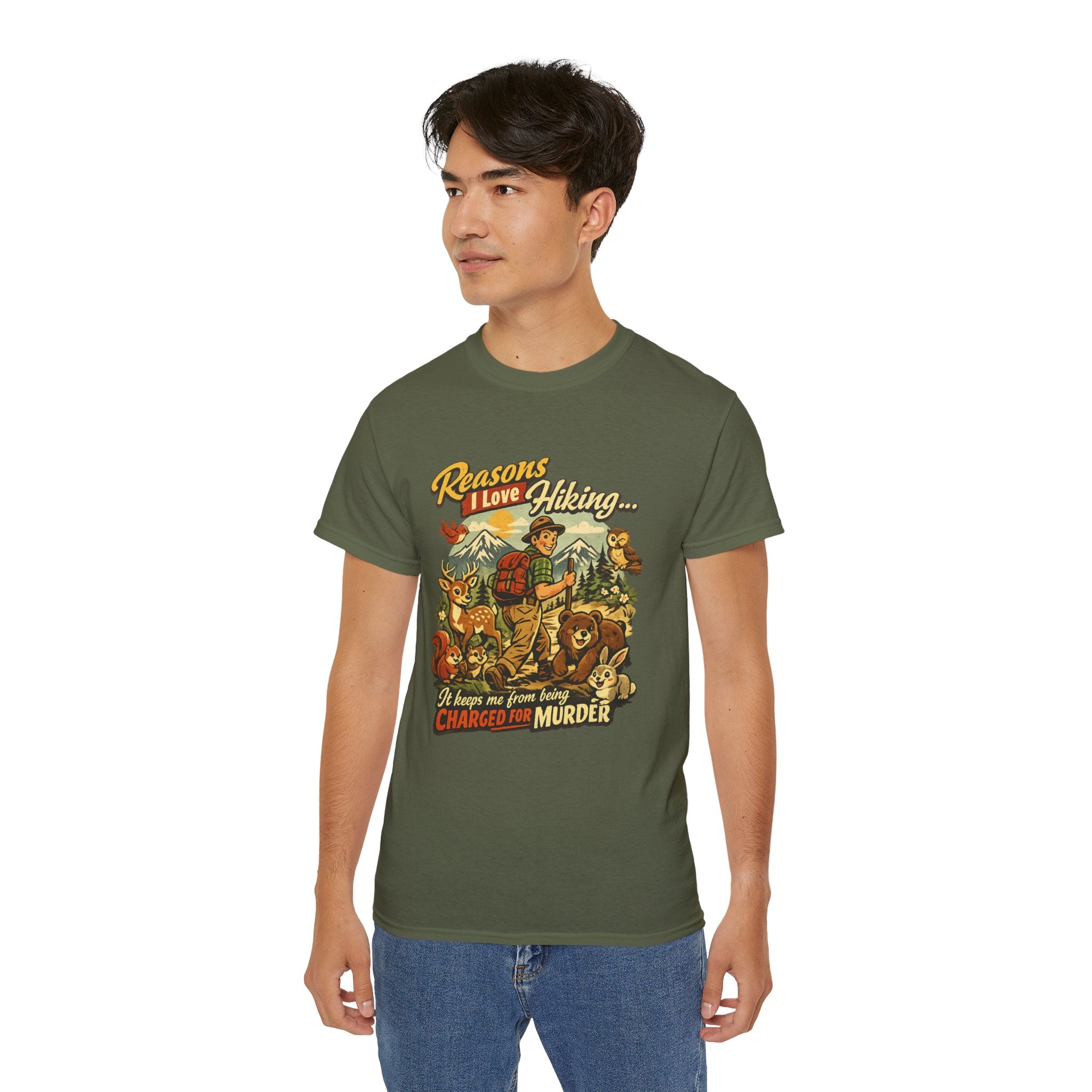 Hiking T-Shirt — Men’s "Reasons I Love Hiking... It Keeps Me From Being Charged For Murder" Vintage Outdoor Tee