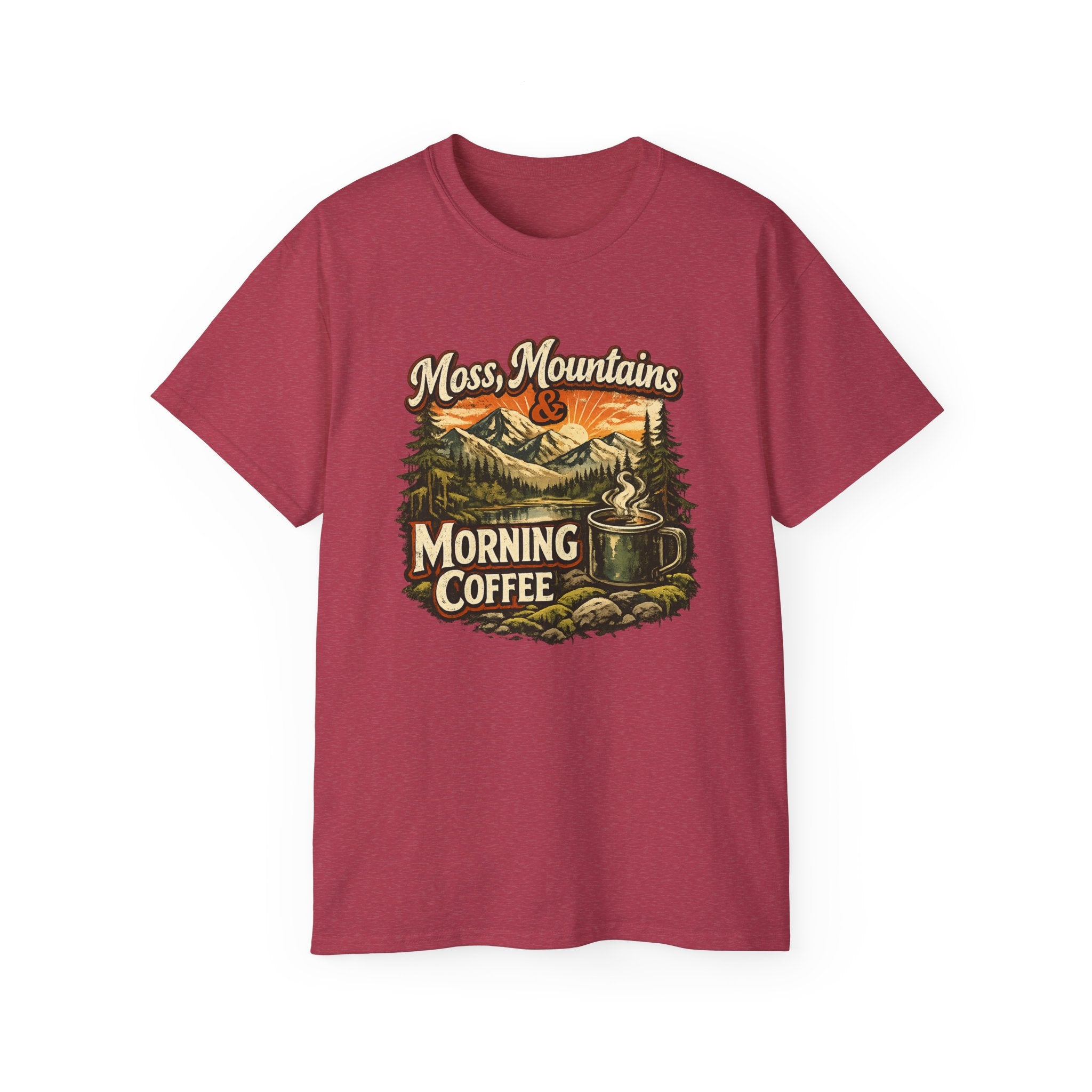 Moss, Mountains & Morning Coffee Tee — Vintage Camping Coffee T‑Shirt