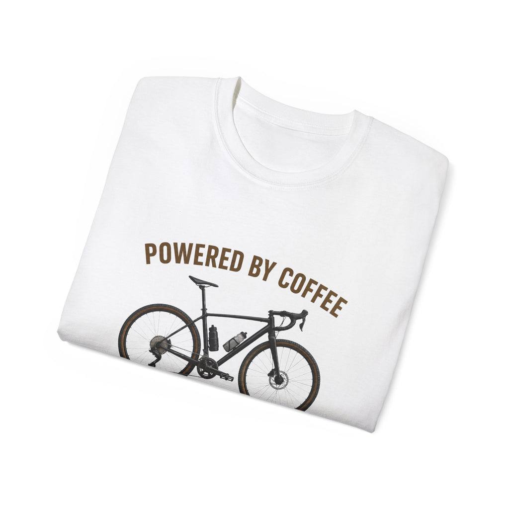 Unisex Coffee-Powered gravel Bike T-Shirt — "Powered by Coffee and Questionable Route Choices"