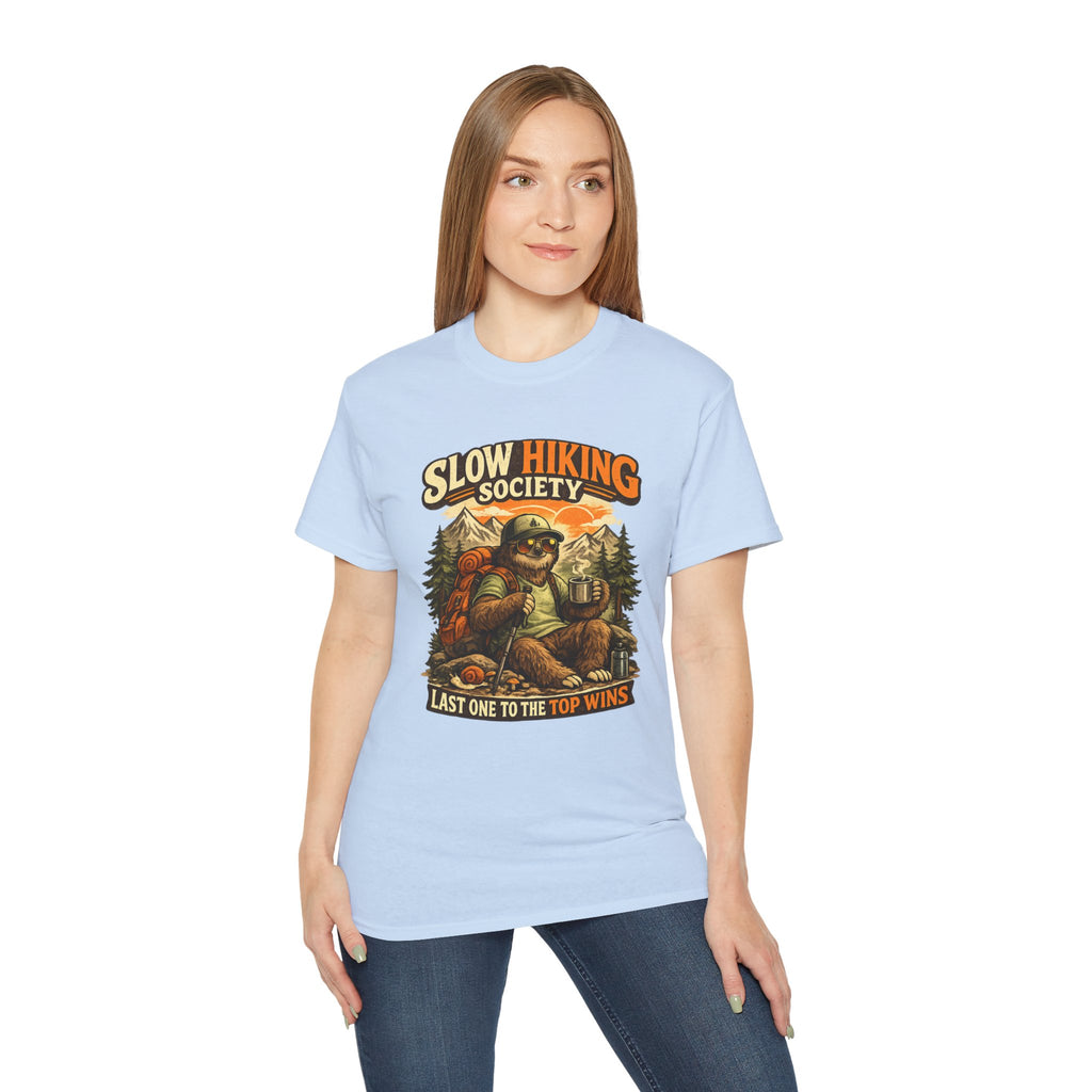 Slow Hiking Society T-Shirt — "Last One to the Top Wins" Vintage Outdoor Tee