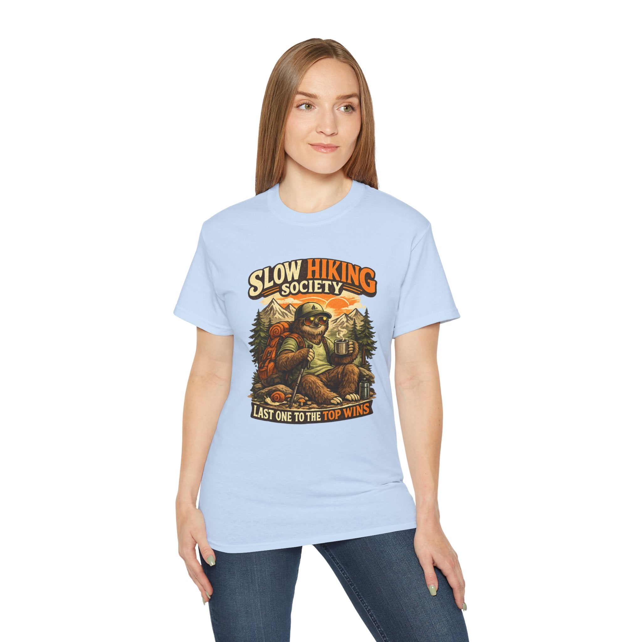 Slow Hiking Society T-Shirt — "Last One to the Top Wins" Vintage Outdoor Tee