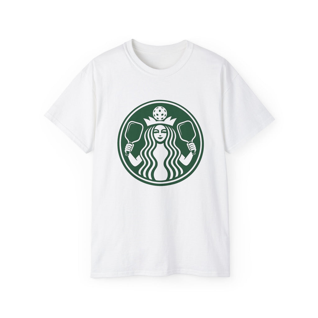 Coffee pickleball Logo Tee — Retro Mermaid Holding paddles Graphic T-Shirt