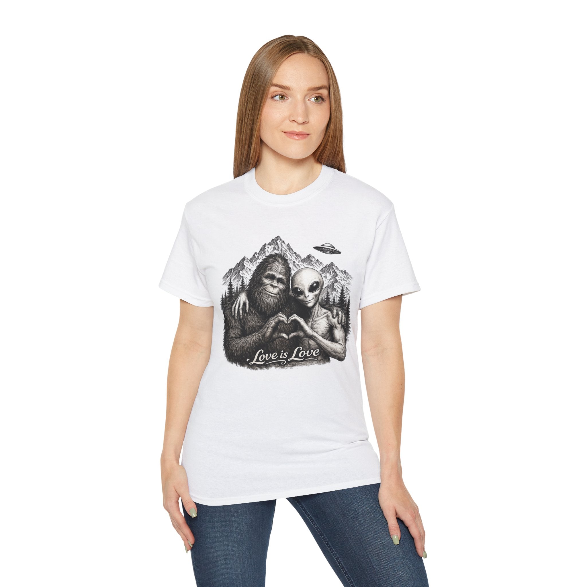 Love Is Love Tee — Bigfoot & Alien Heart Graphic T-Shirt