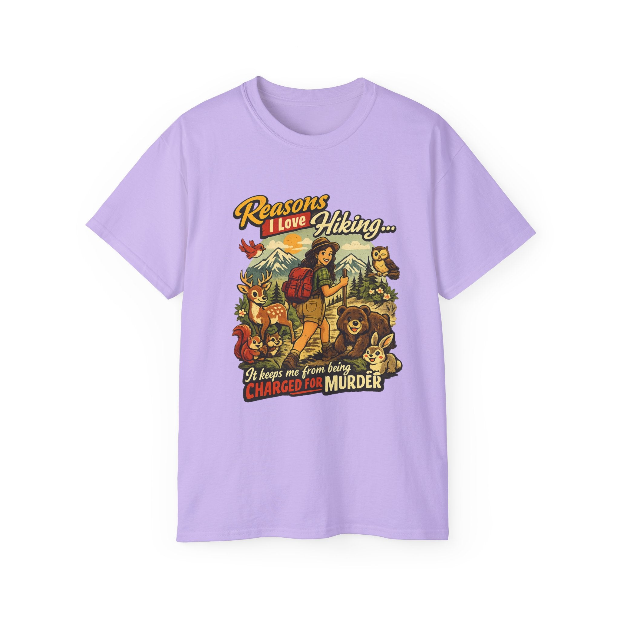 Hiking T-Shirt — "Reasons I Love Hiking... It Keeps Me From Being Charged For Murder" Retro Outdoor Tee