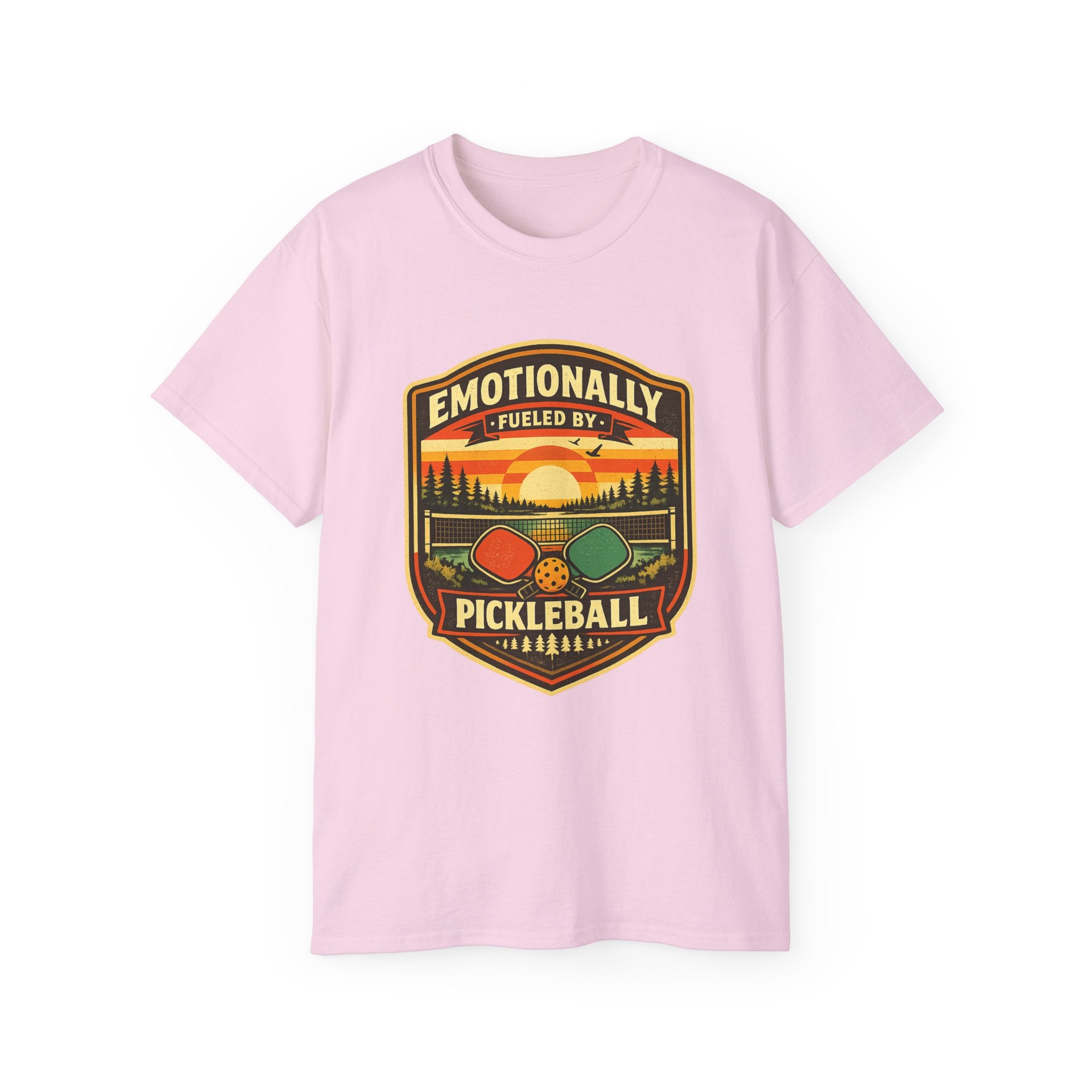 Pickleball Sunset Badge T‑Shirt  Emotionally Fueled by Pickleball