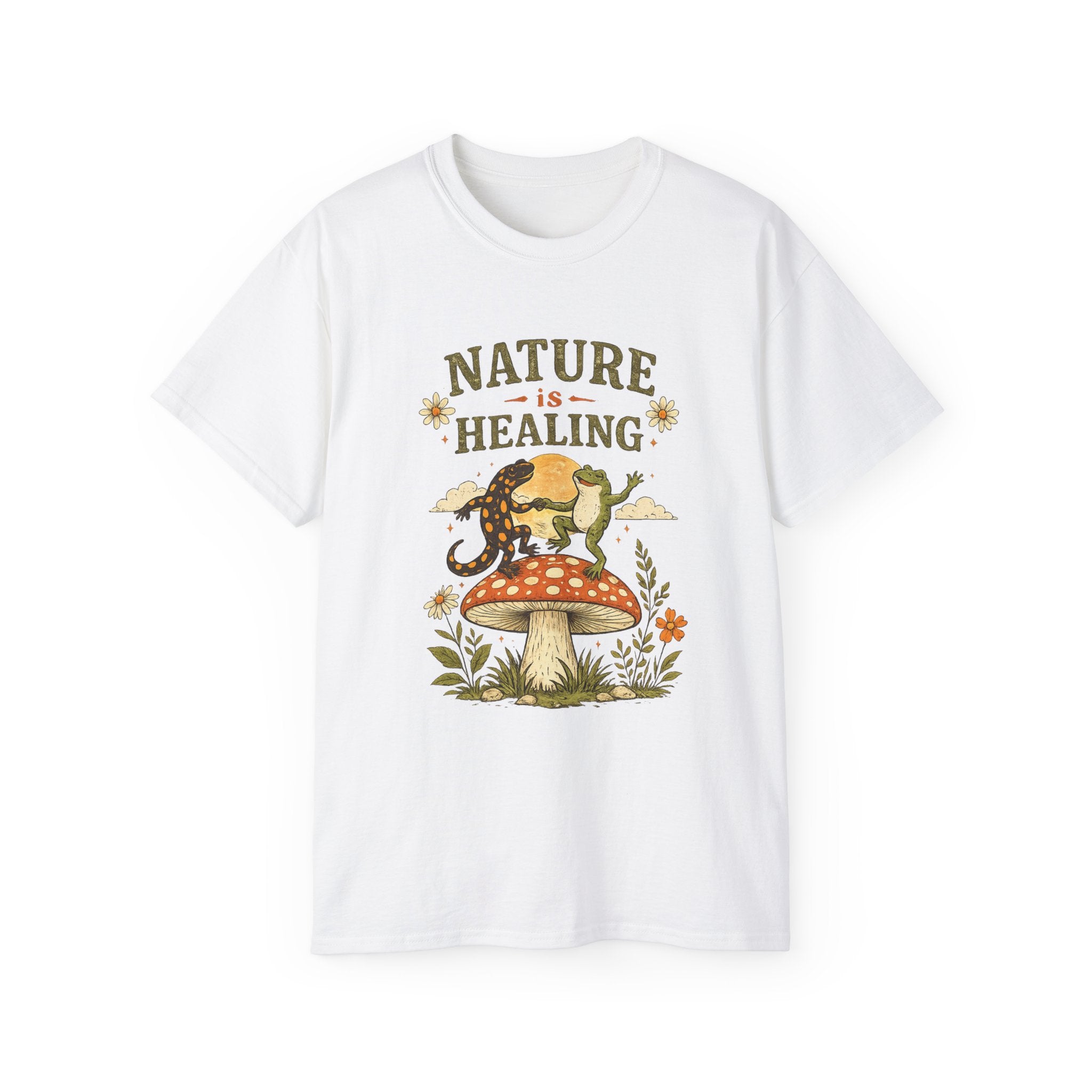Nature Is Healing T‑Shirt — Retro Mushroom & frog lizard Graphic Tee