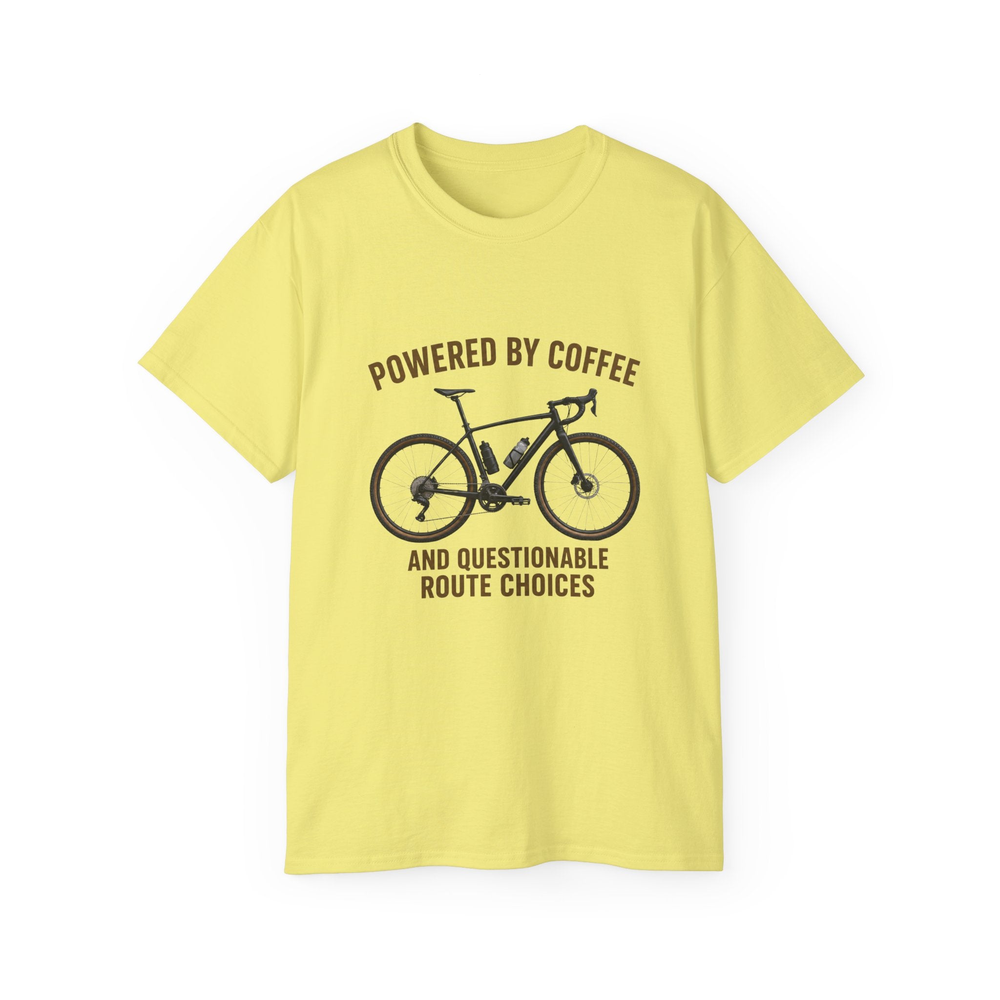 Unisex Coffee-Powered gravel Bike T-Shirt — "Powered by Coffee and Questionable Route Choices"