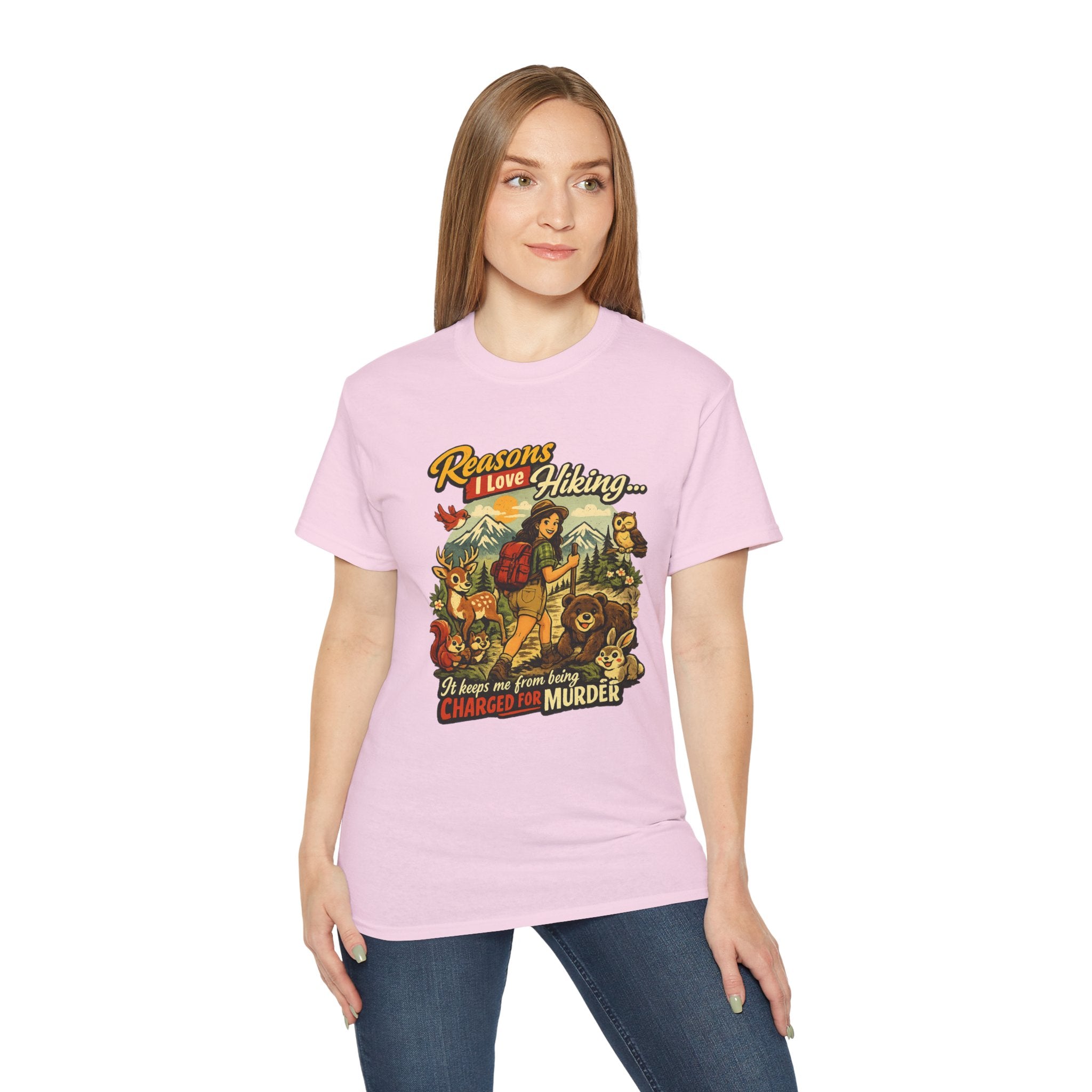 Hiking T-Shirt — "Reasons I Love Hiking... It Keeps Me From Being Charged For Murder" Retro Outdoor Tee