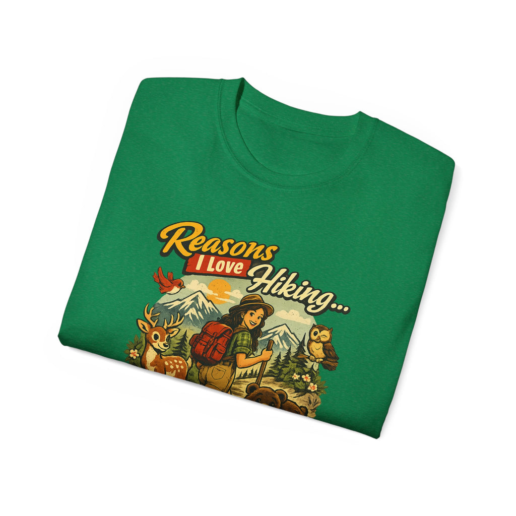 Hiking T-Shirt — "Reasons I Love Hiking... It Keeps Me From Being Charged For Murder" Retro Outdoor Tee