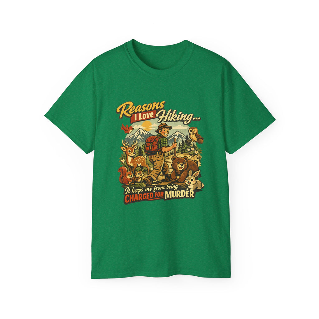 Hiking T-Shirt — Men’s "Reasons I Love Hiking... It Keeps Me From Being Charged For Murder" Vintage Outdoor Tee