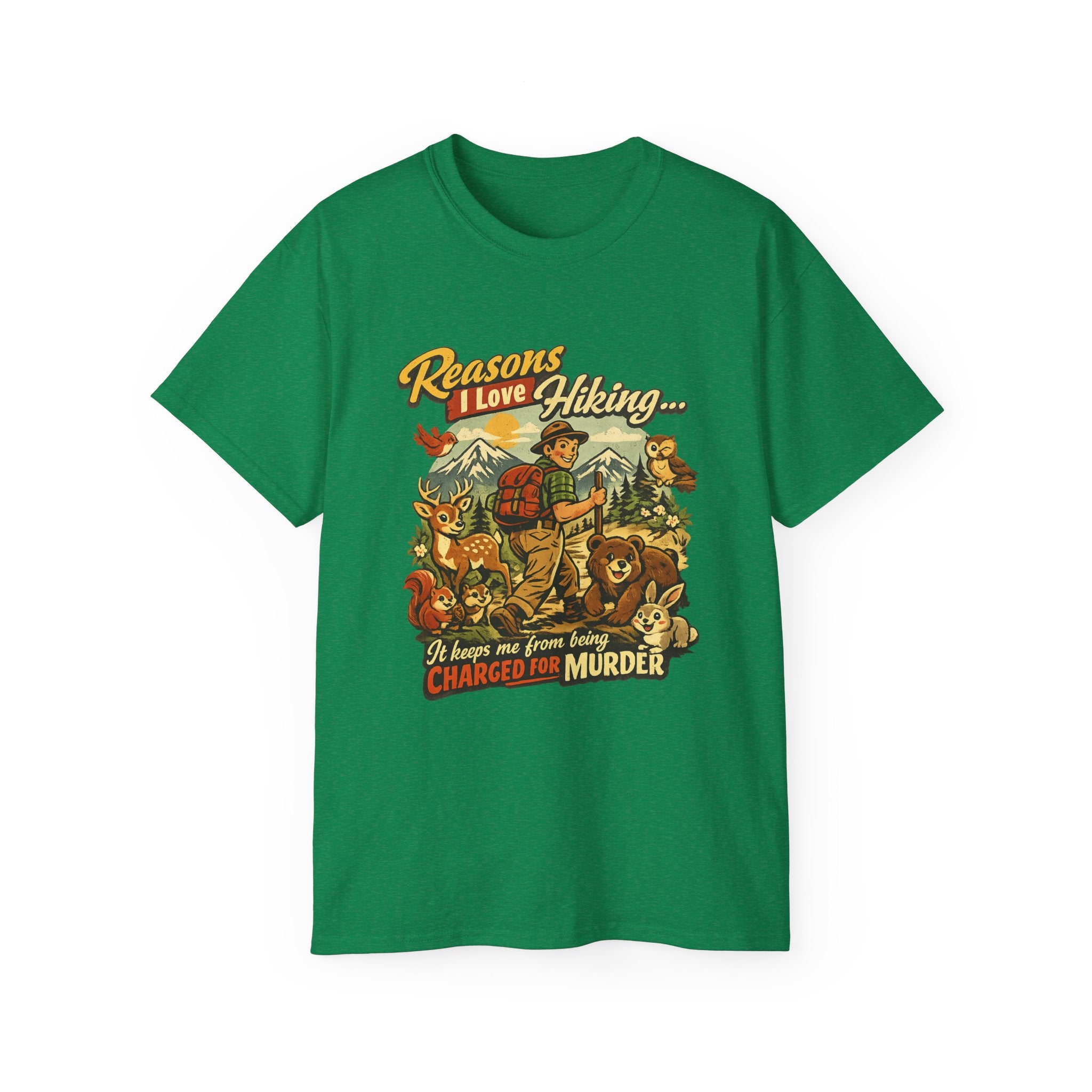 Hiking T-Shirt — Men’s "Reasons I Love Hiking... It Keeps Me From Being Charged For Murder" Vintage Outdoor Tee