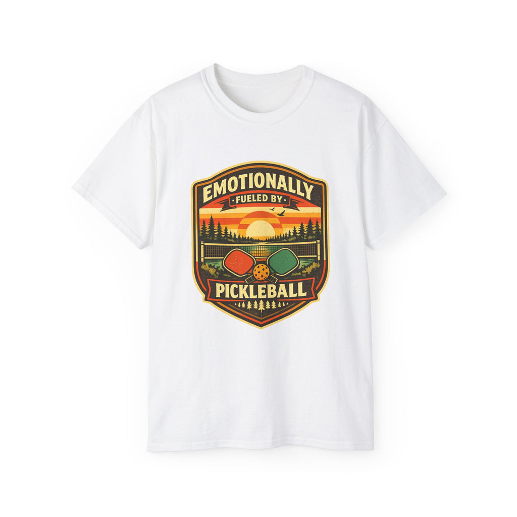 Pickleball Sunset Badge T‑Shirt  Emotionally Fueled by Pickleball