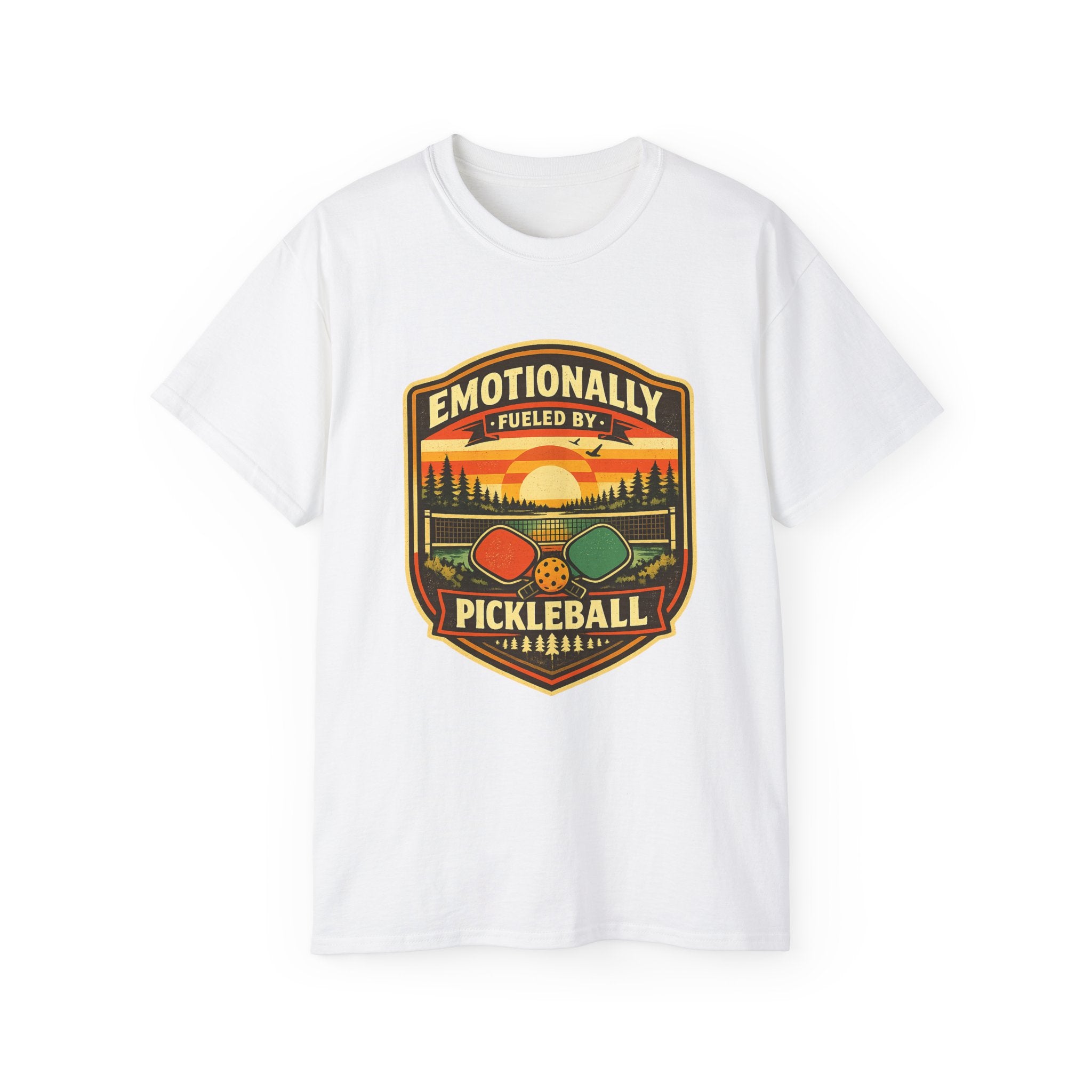 Pickleball Sunset Badge T‑Shirt  Emotionally Fueled by Pickleball