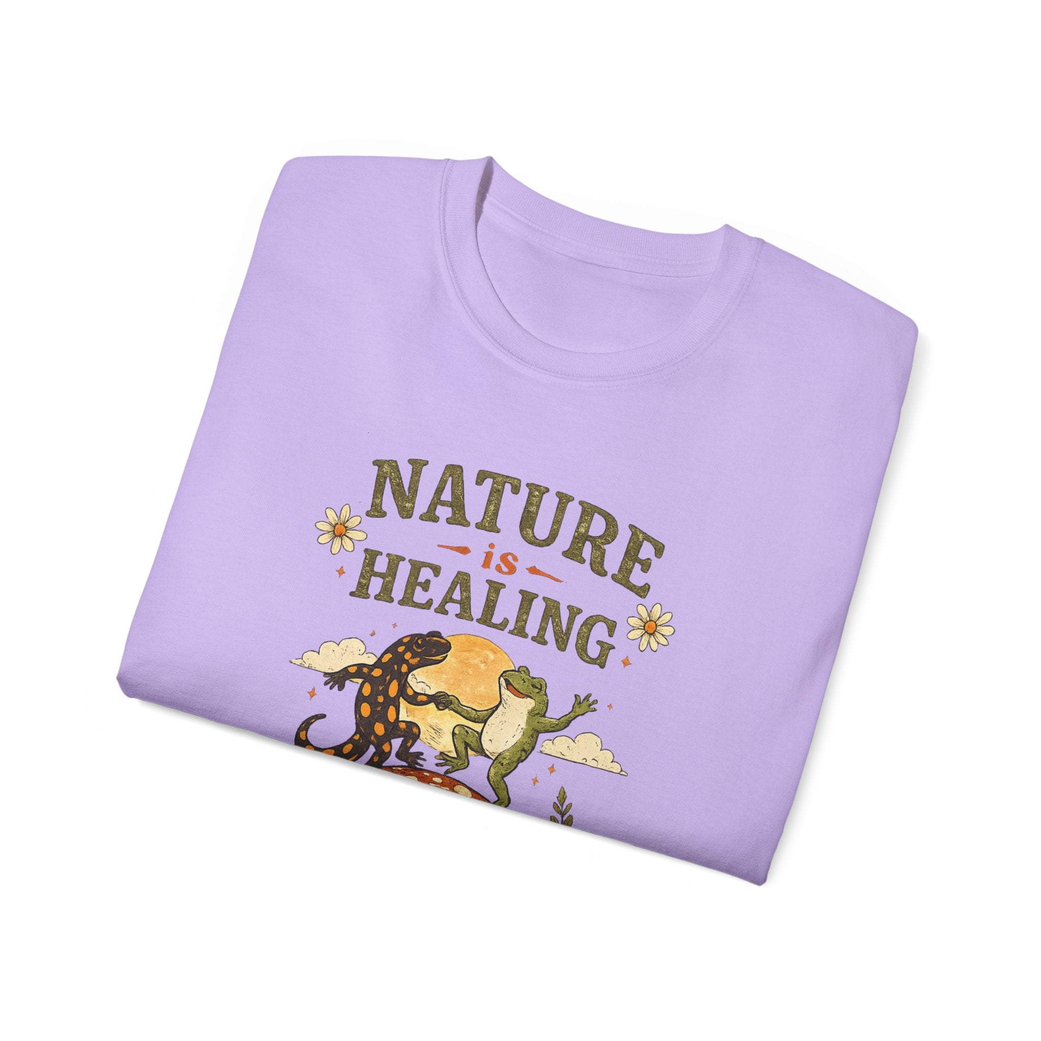 Nature Is Healing T‑Shirt — Retro Mushroom & frog lizard Graphic Tee