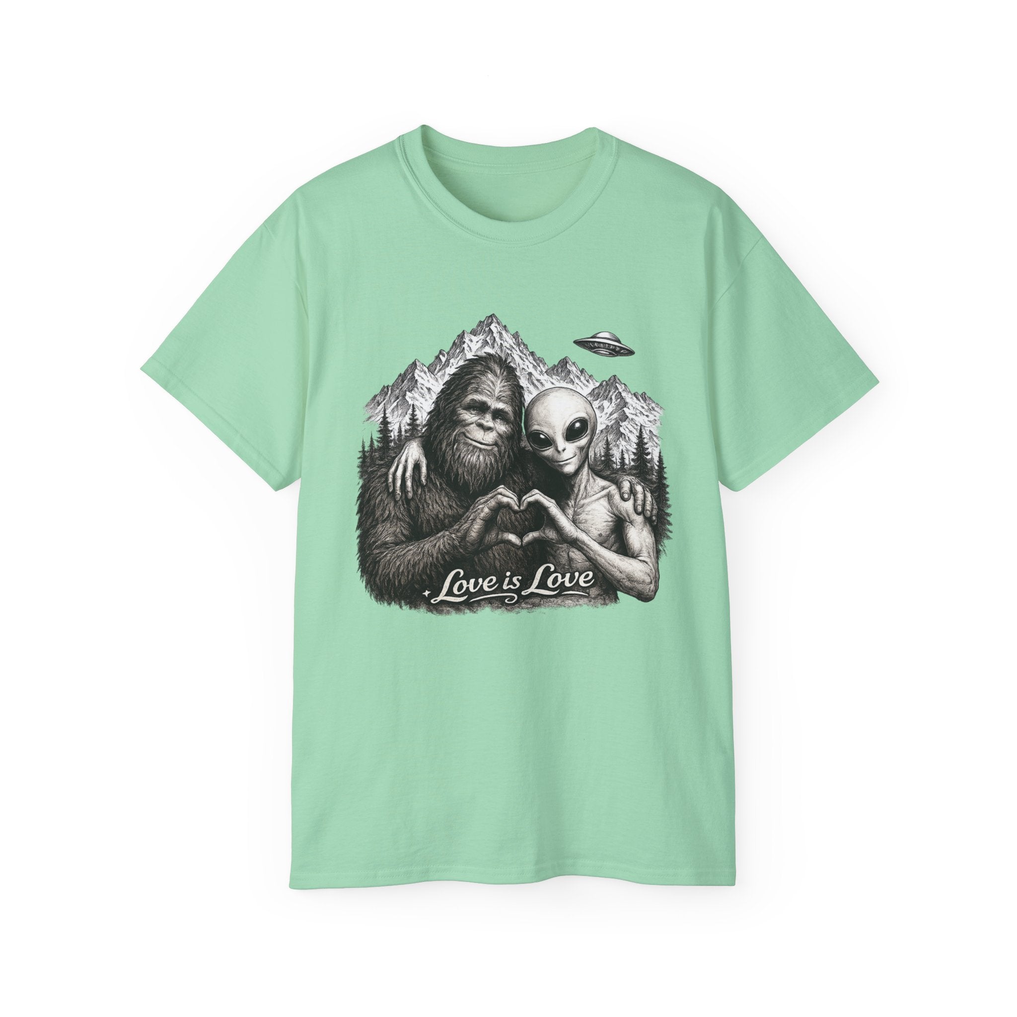 Love Is Love Tee — Bigfoot & Alien Heart Graphic T-Shirt