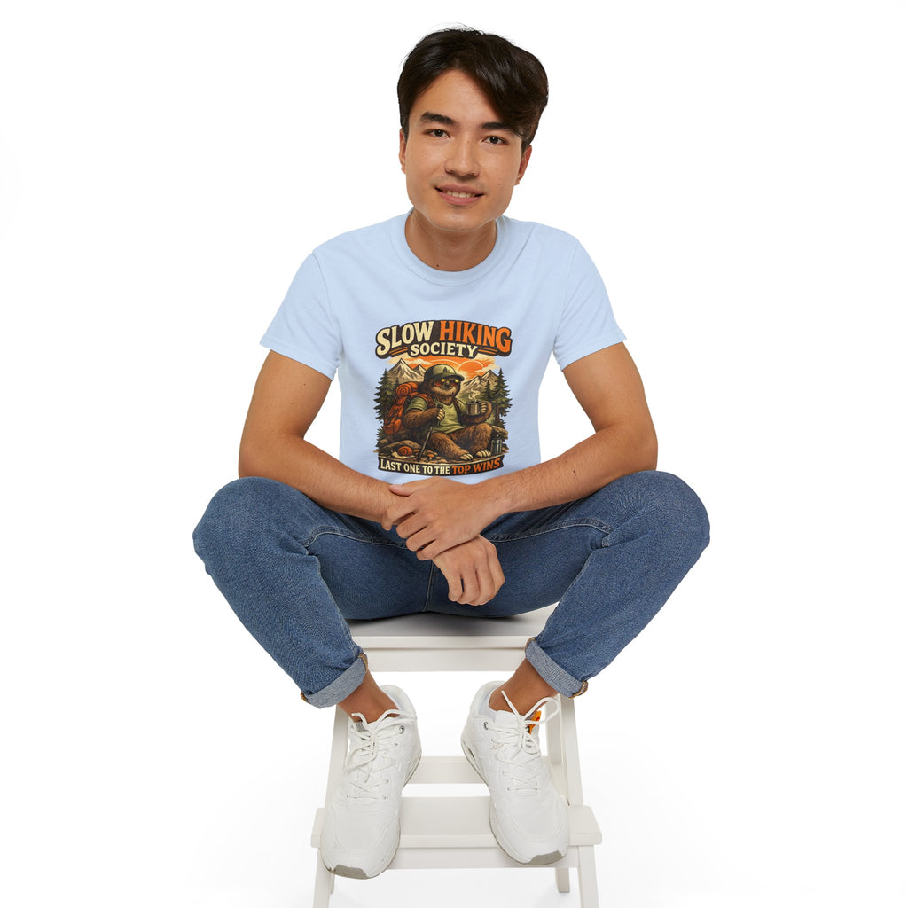 Slow Hiking Society T-Shirt — "Last One to the Top Wins" Vintage Outdoor Tee