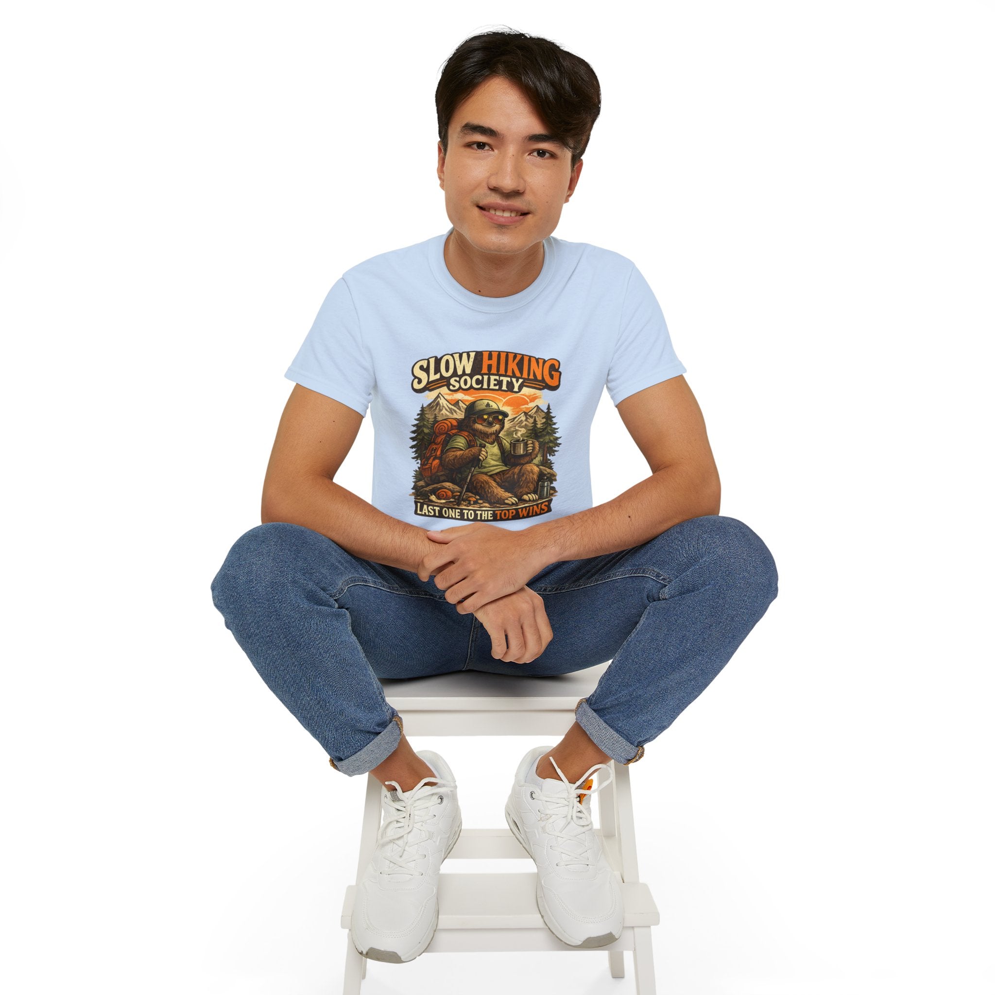Slow Hiking Society T-Shirt — "Last One to the Top Wins" Vintage Outdoor Tee