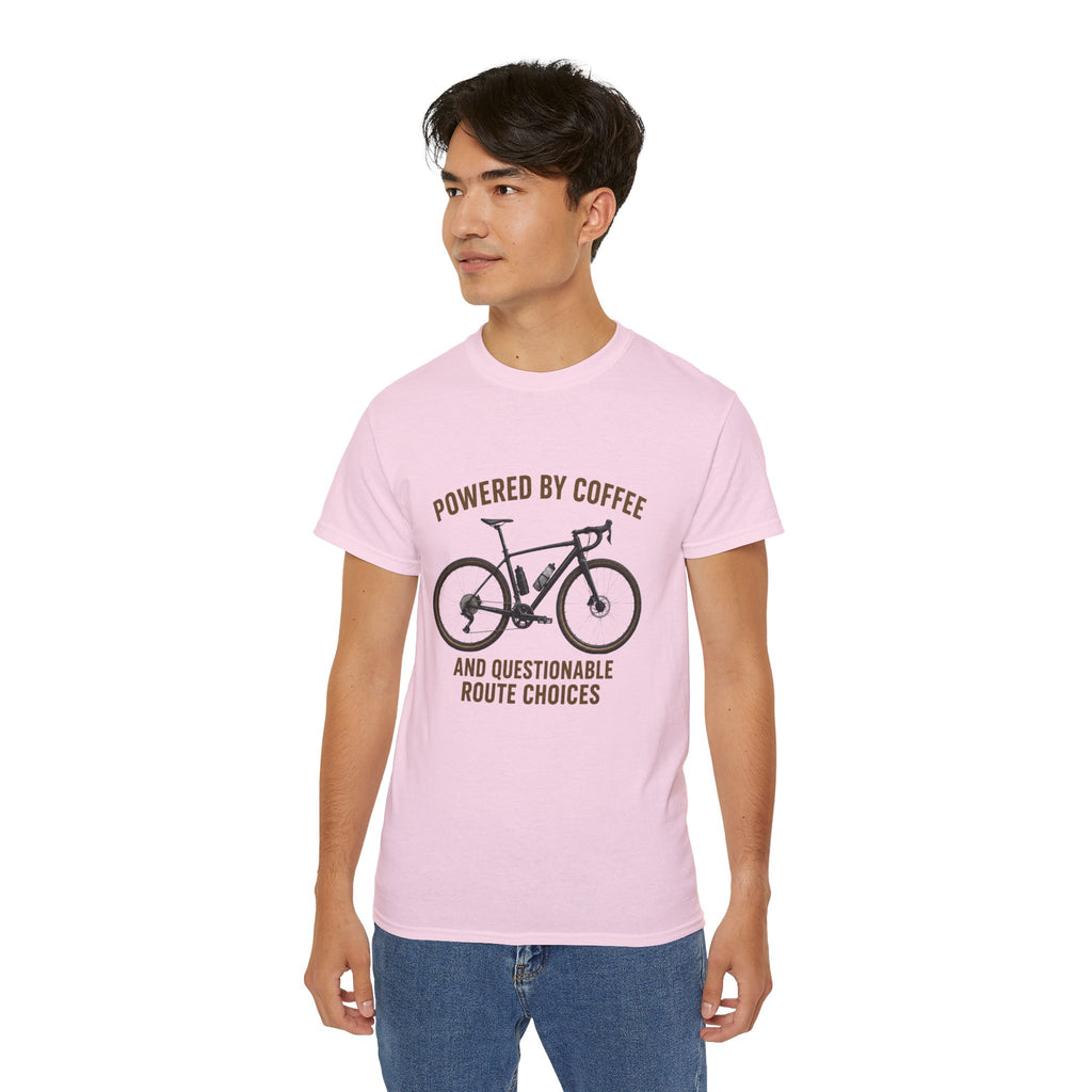 Unisex Coffee-Powered gravel Bike T-Shirt — "Powered by Coffee and Questionable Route Choices"