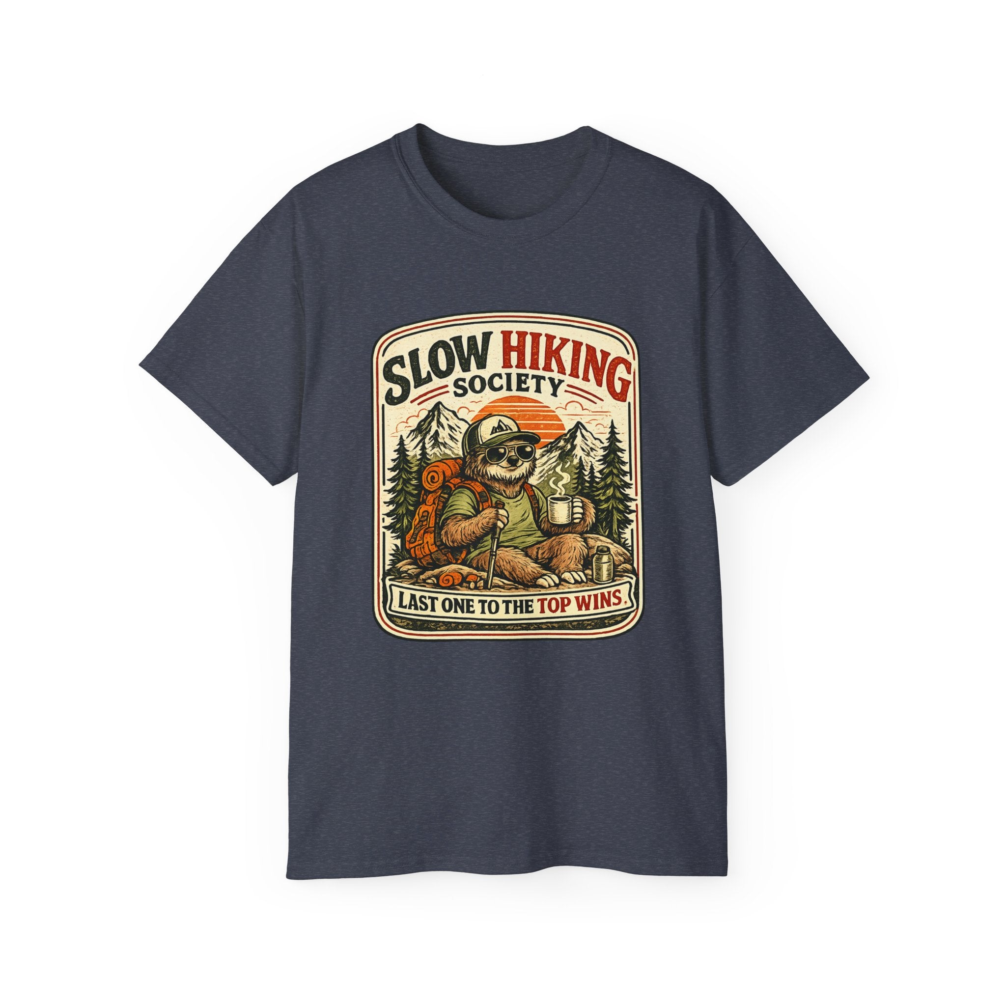 Slow Hiking Society T-Shirt — 'Last One to the Top Wins' Vintage Outdoor Tee