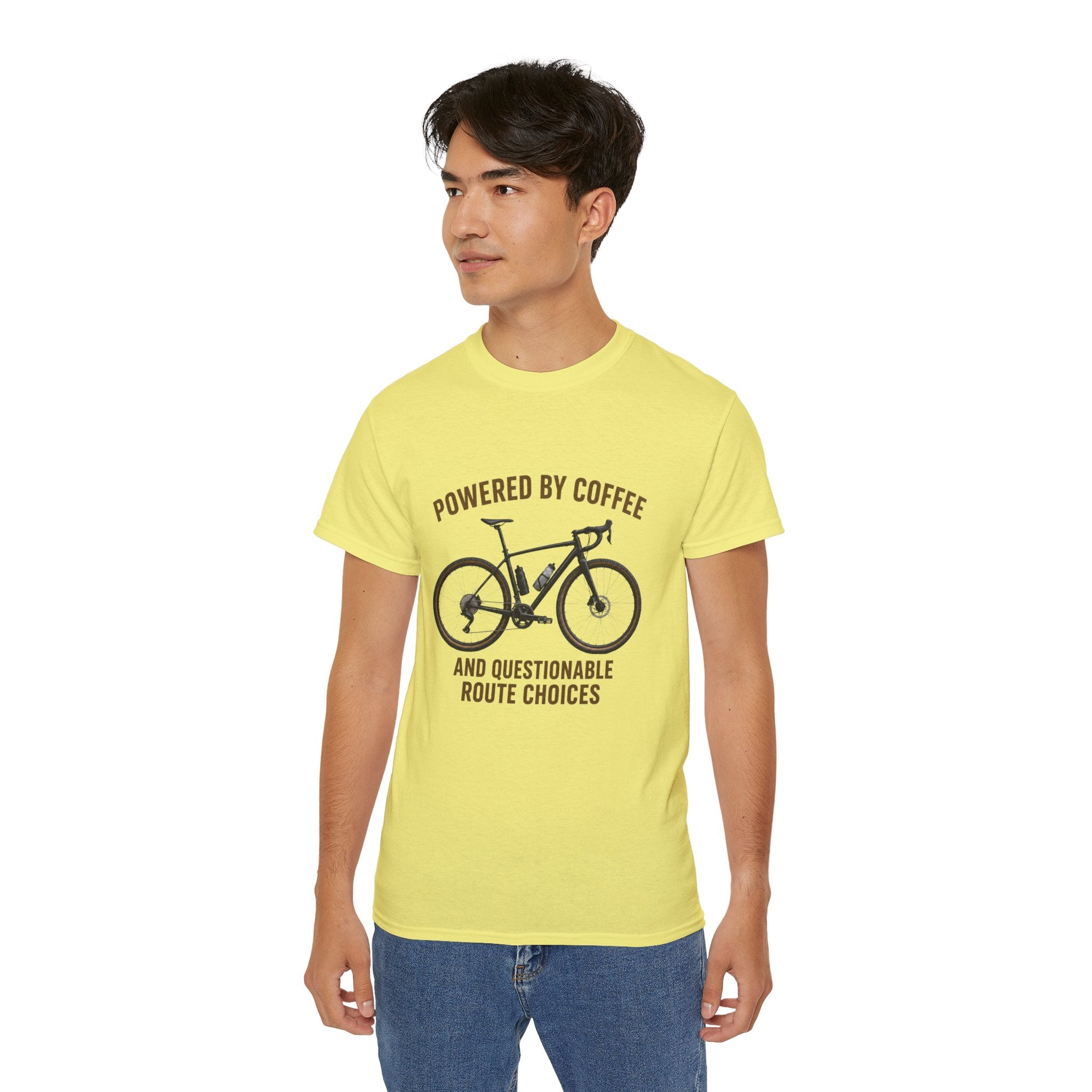 Unisex Coffee-Powered gravel Bike T-Shirt — "Powered by Coffee and Questionable Route Choices"