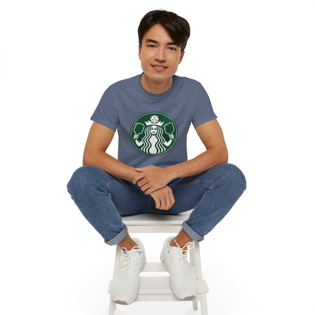 Coffee pickleball Logo Tee — Retro Mermaid Holding paddles Graphic T-Shirt