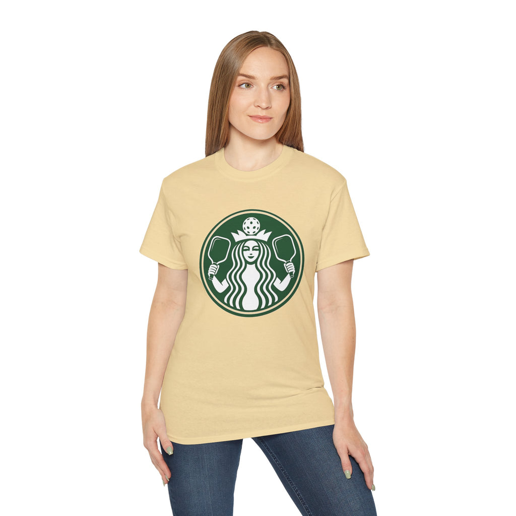 Coffee pickleball Logo Tee — Retro Mermaid Holding paddles Graphic T-Shirt