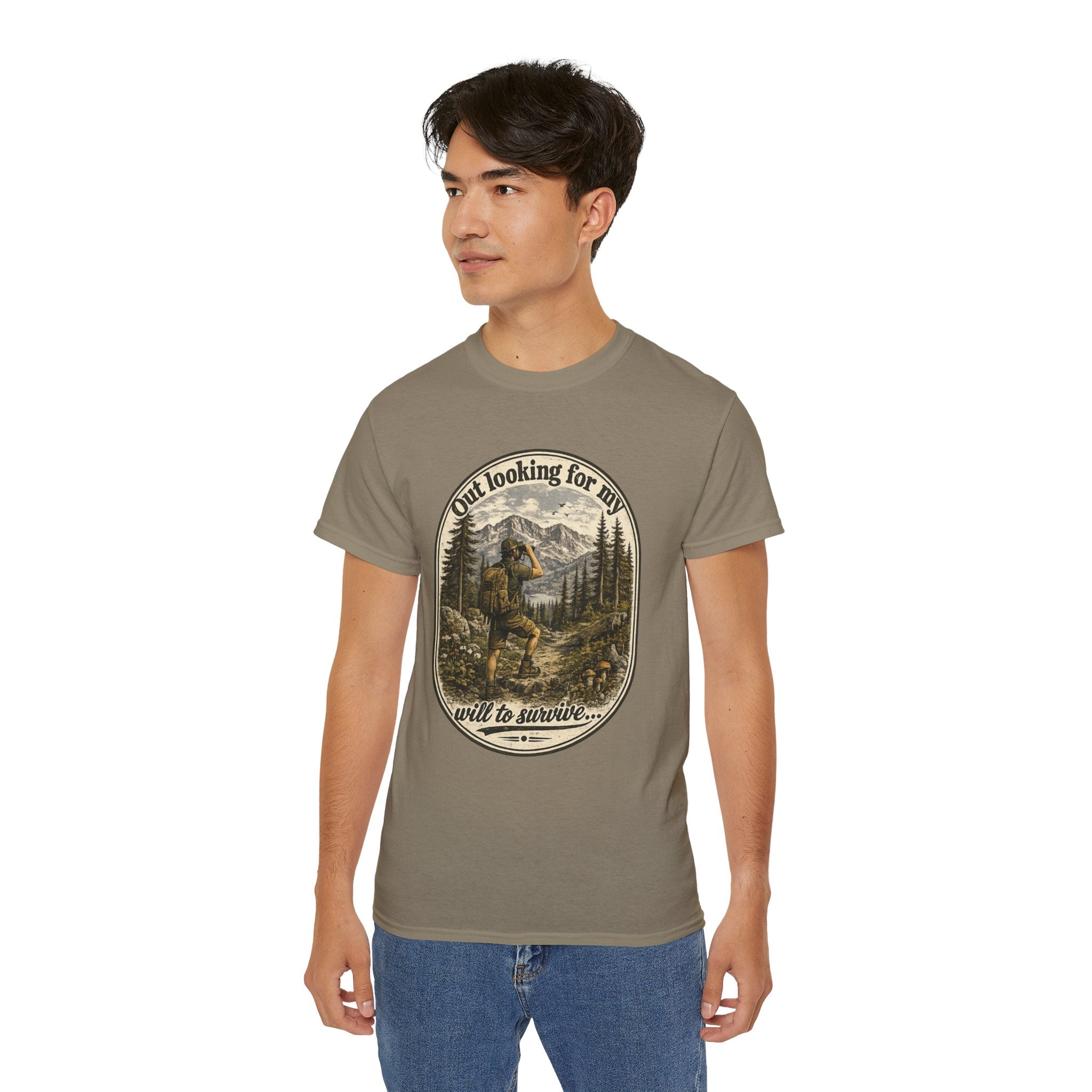 Adventure Graphic Tee — “Out Looking for My Will to Survive” Mountain Hiking Shirt