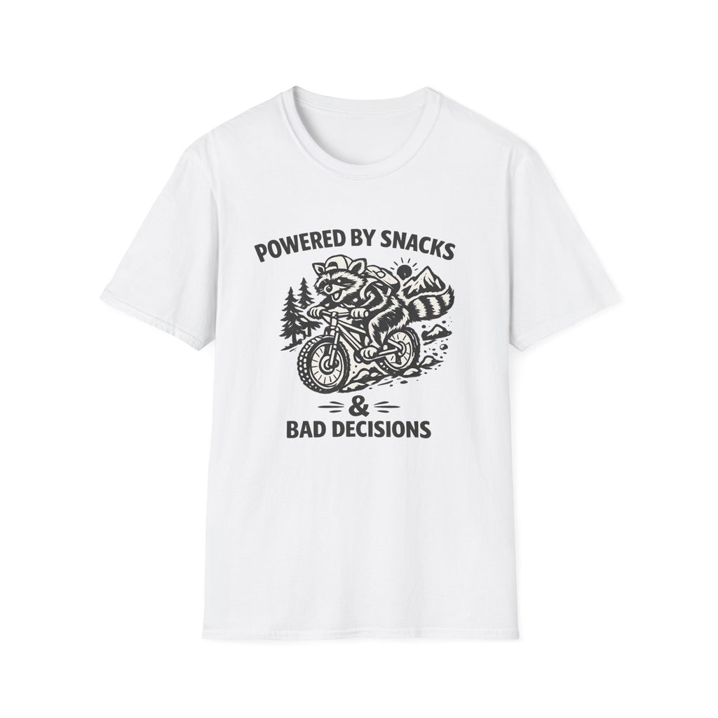 Mountain biking Tee Shirt  Powered by Snacks and Bad Decisions Graphic Tee