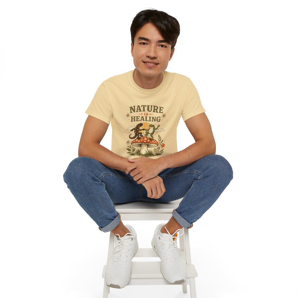 Nature Is Healing T‑Shirt — Retro Mushroom & frog lizard Graphic Tee