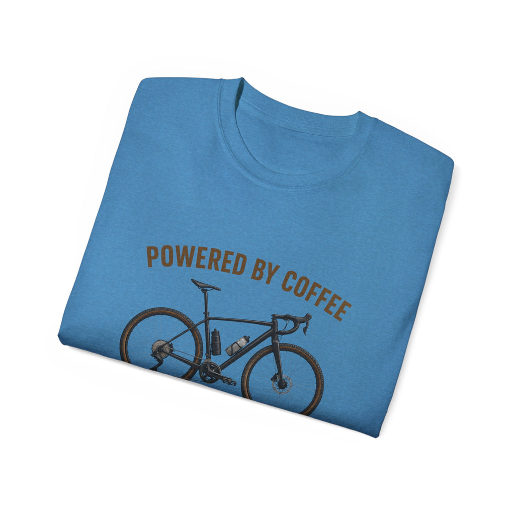 Unisex Coffee-Powered gravel Bike T-Shirt — "Powered by Coffee and Questionable Route Choices"