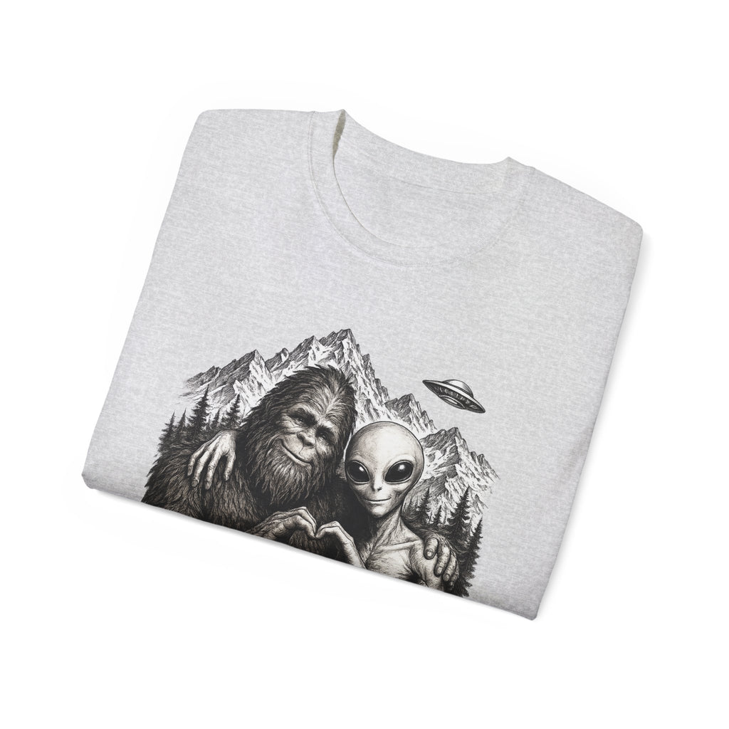 Love Is Love Tee — Bigfoot & Alien Heart Graphic T-Shirt