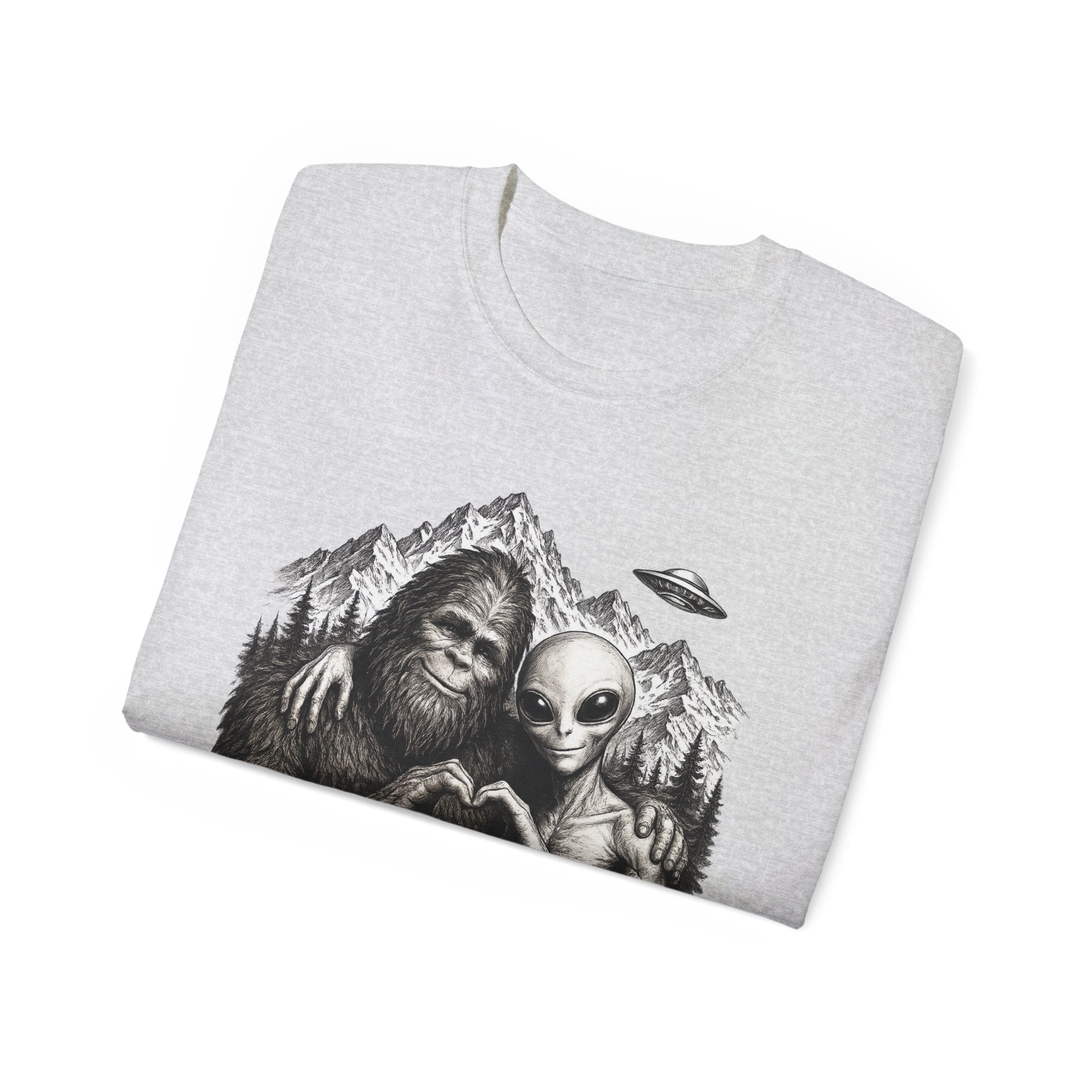 Love Is Love Tee — Bigfoot & Alien Heart Graphic T-Shirt