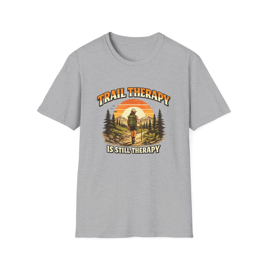 Woman’s Trail Therapy T-Shirt — Female Hiker Sunset Graphic