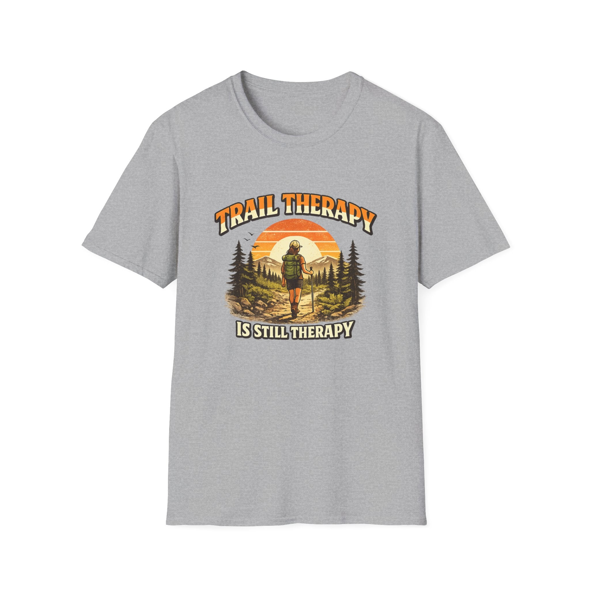 Woman’s Trail Therapy T-Shirt — Female Hiker Sunset Graphic
