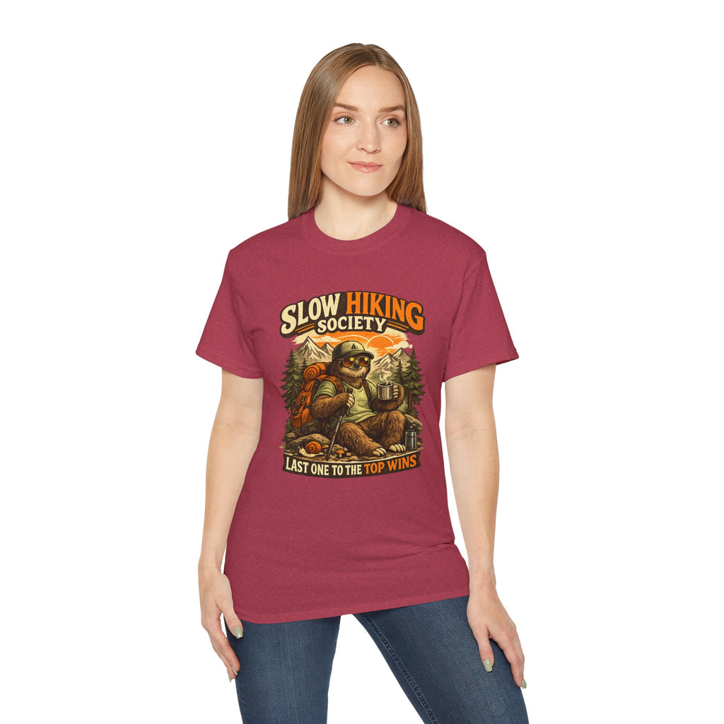 Slow Hiking Society T-Shirt — "Last One to the Top Wins" Vintage Outdoor Tee