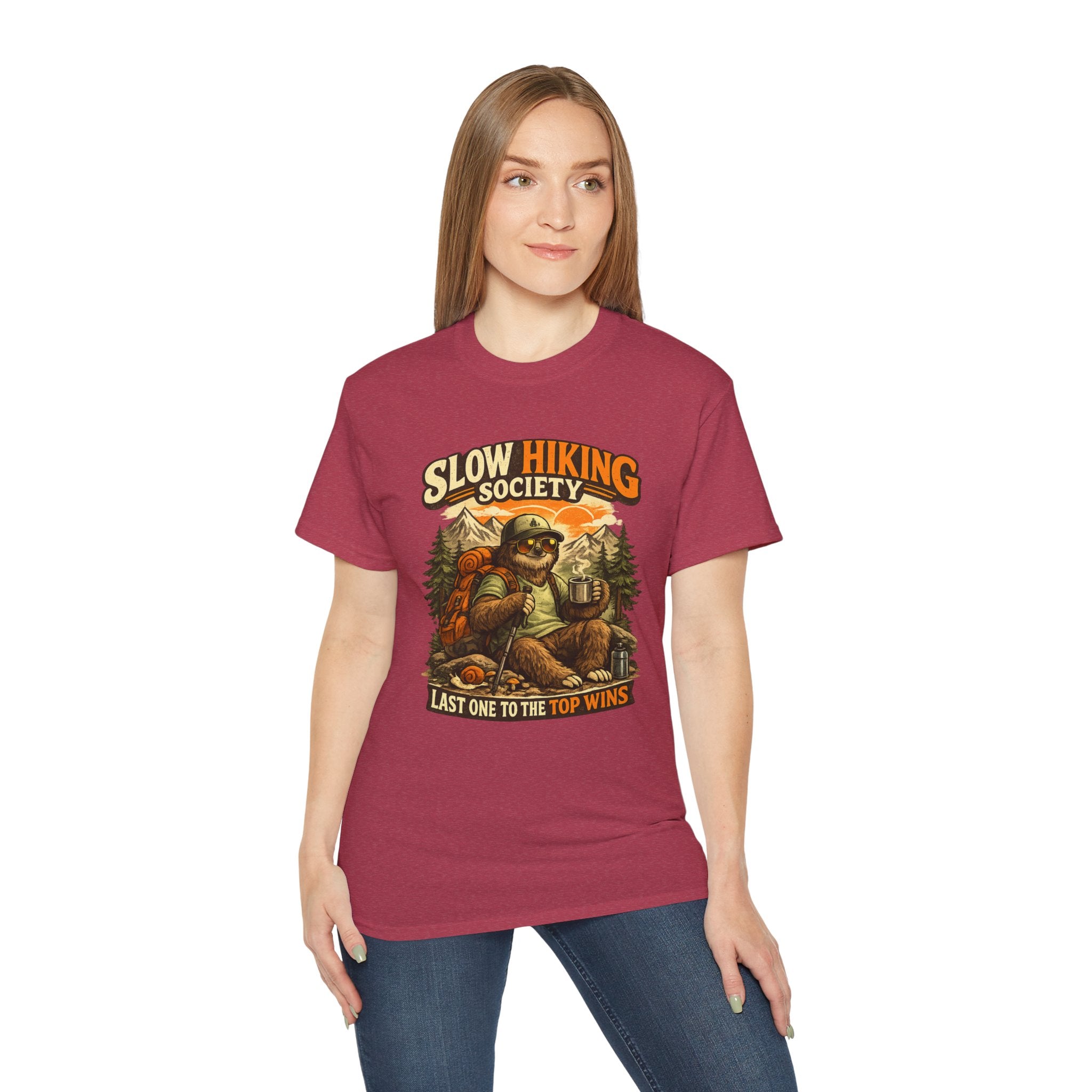Slow Hiking Society T-Shirt — "Last One to the Top Wins" Vintage Outdoor Tee