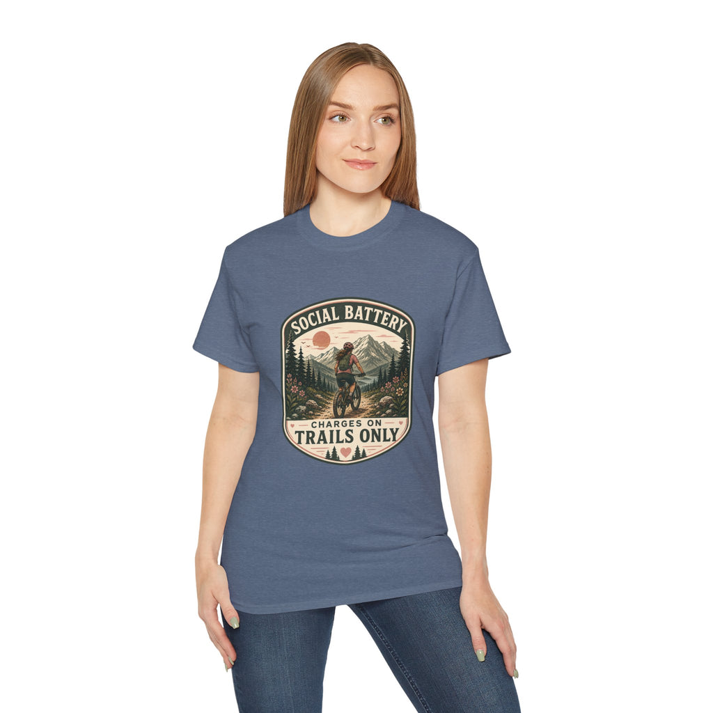 Woman’s Mountain biking T-Shirt — “Social Battery Charges On Trails Only” Outdoor Adventure Tee