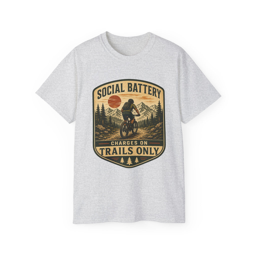 Mountain Biking Tee — "Social Battery Charges on Trails Only" Graphic T‑Shirt