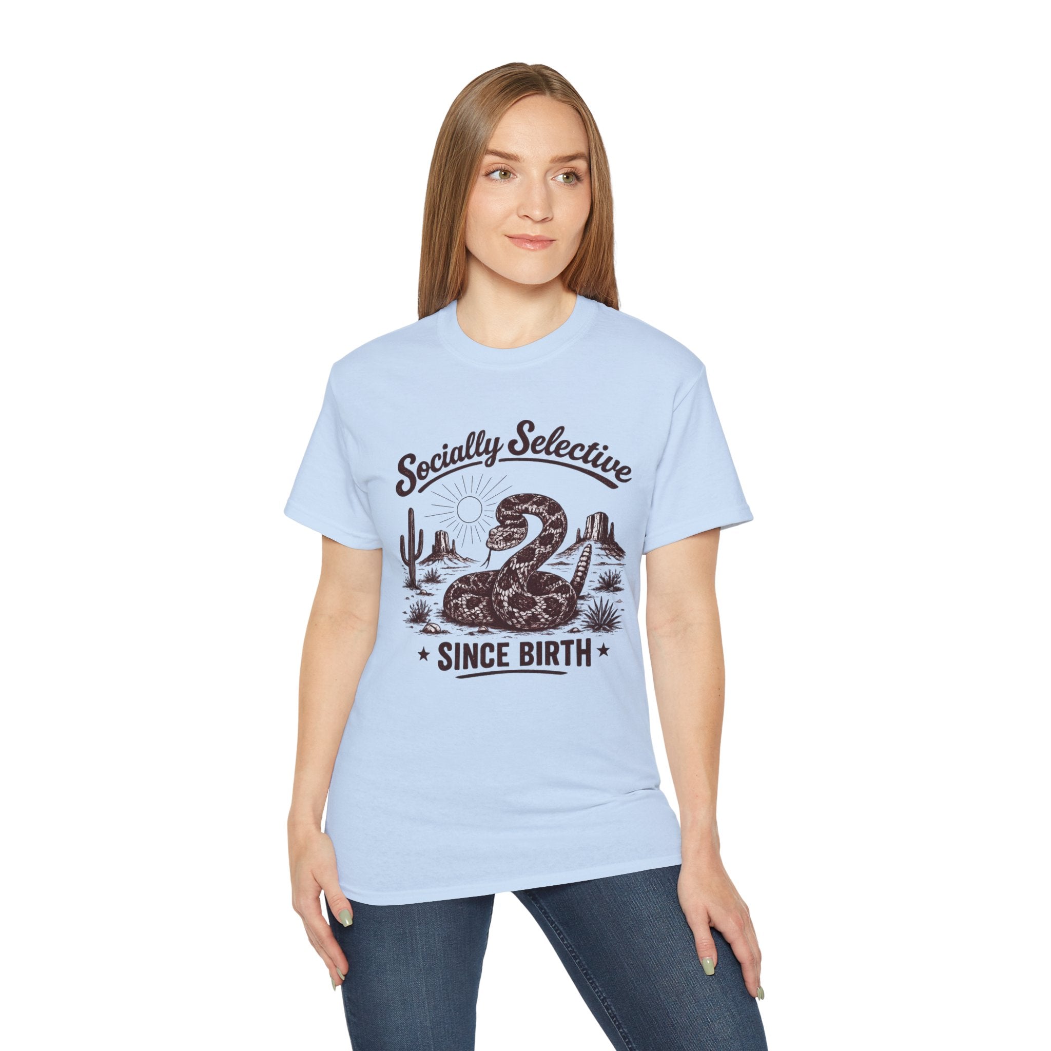 T-Shirt — "Socially Selective Since Birth" Vintage Desert Snake Graphic Tee